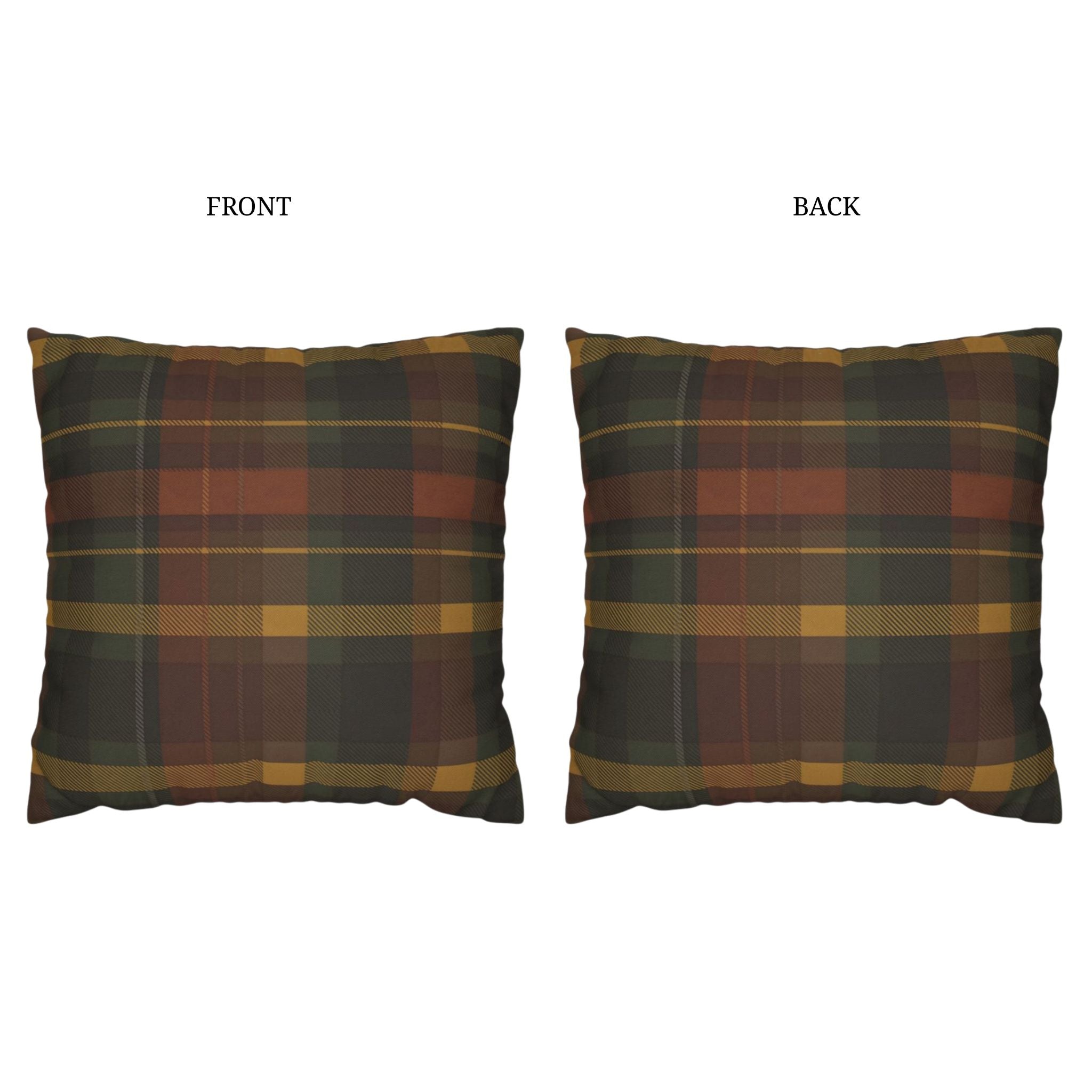 Autumn plaid pillow cover showing front and back views on a white background.