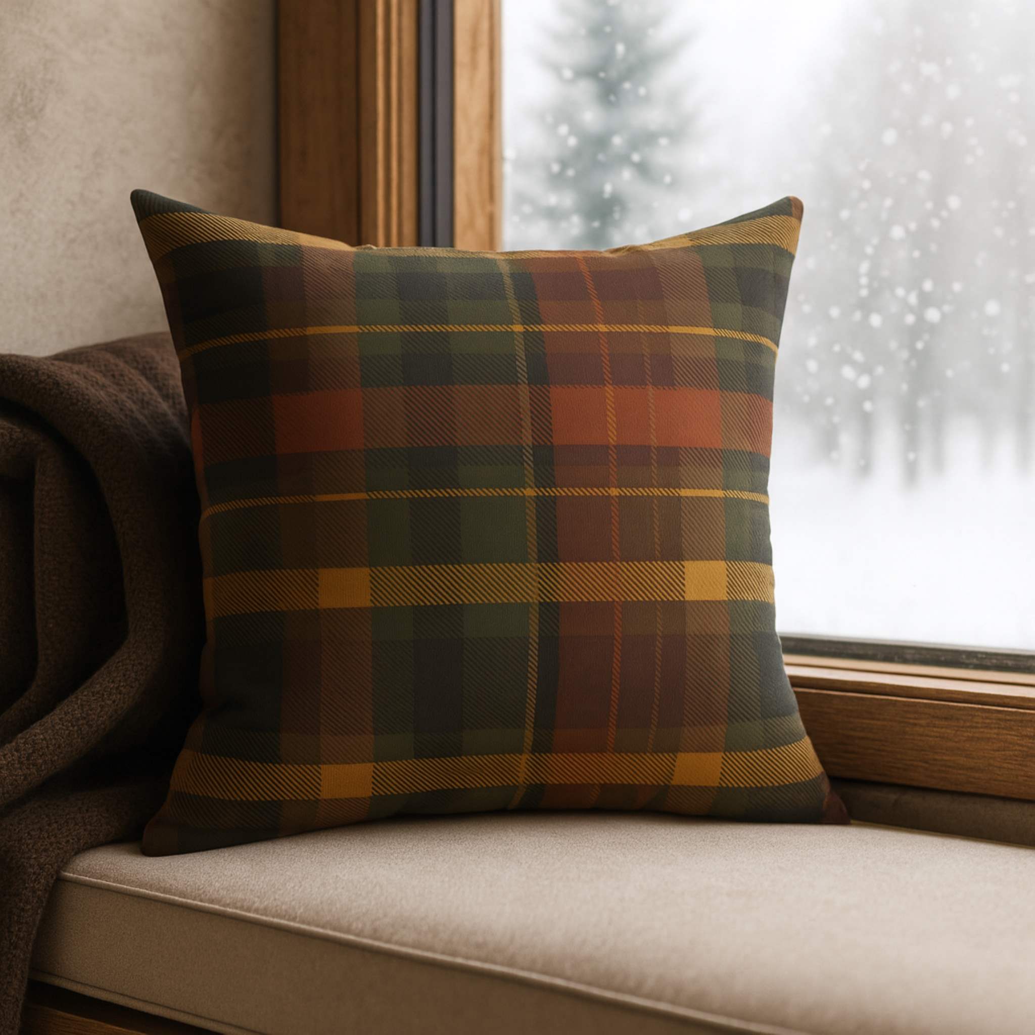 Plaid pillow on a couch with a window in the background