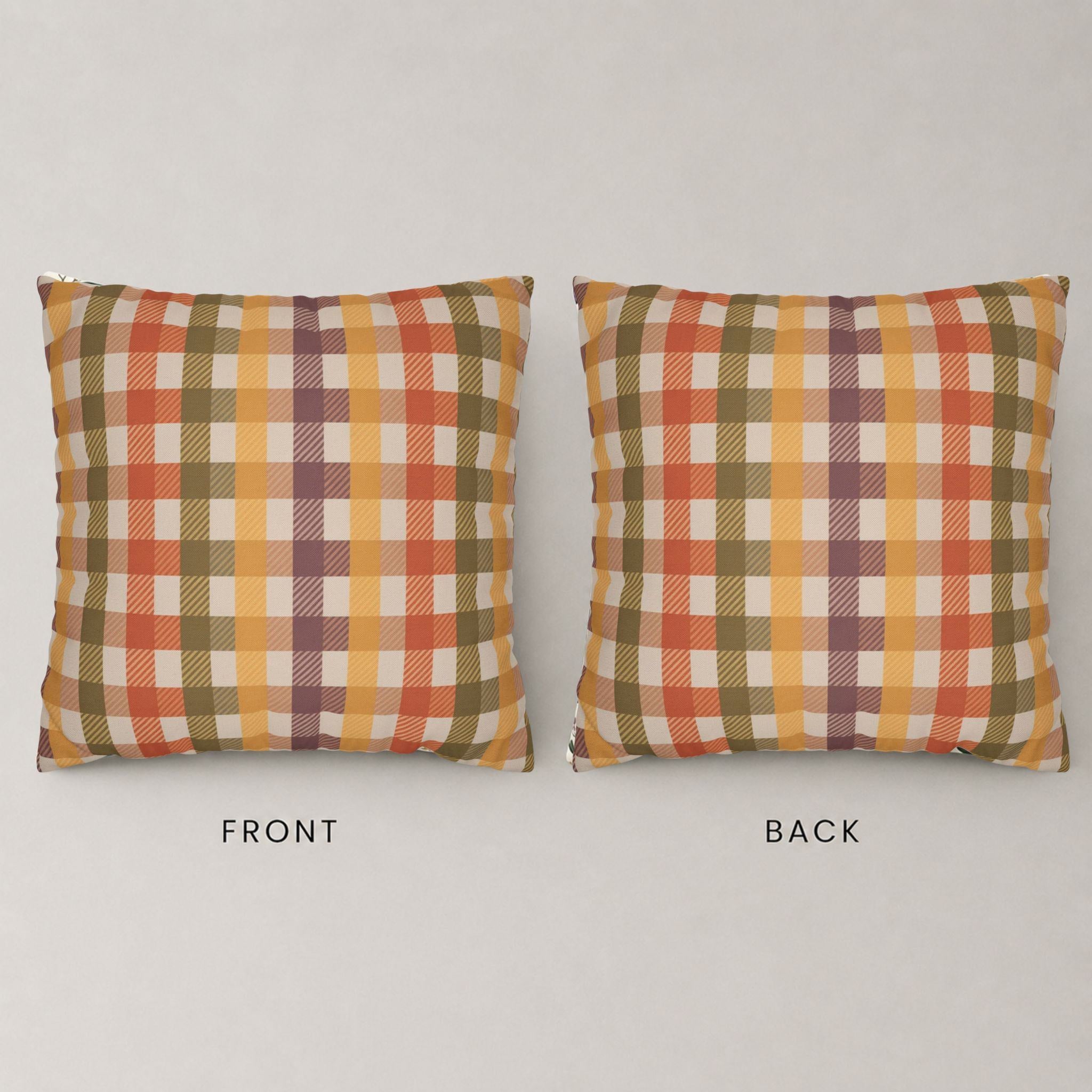 Front and back side of an Autumn check pillow cover. 