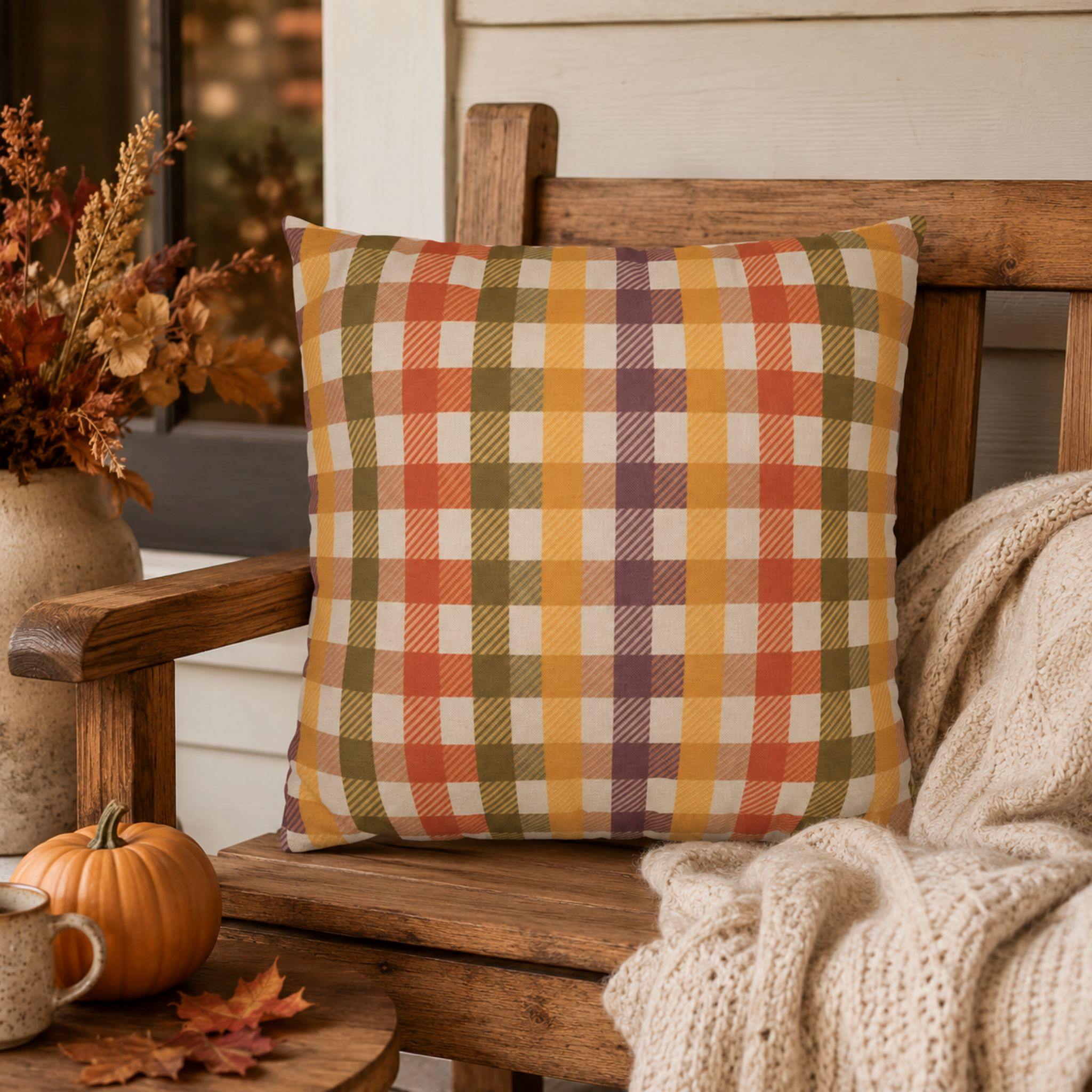 Plaid Fall pillow cover on a wooden bench with pumpkins and leaves, autumn decor.