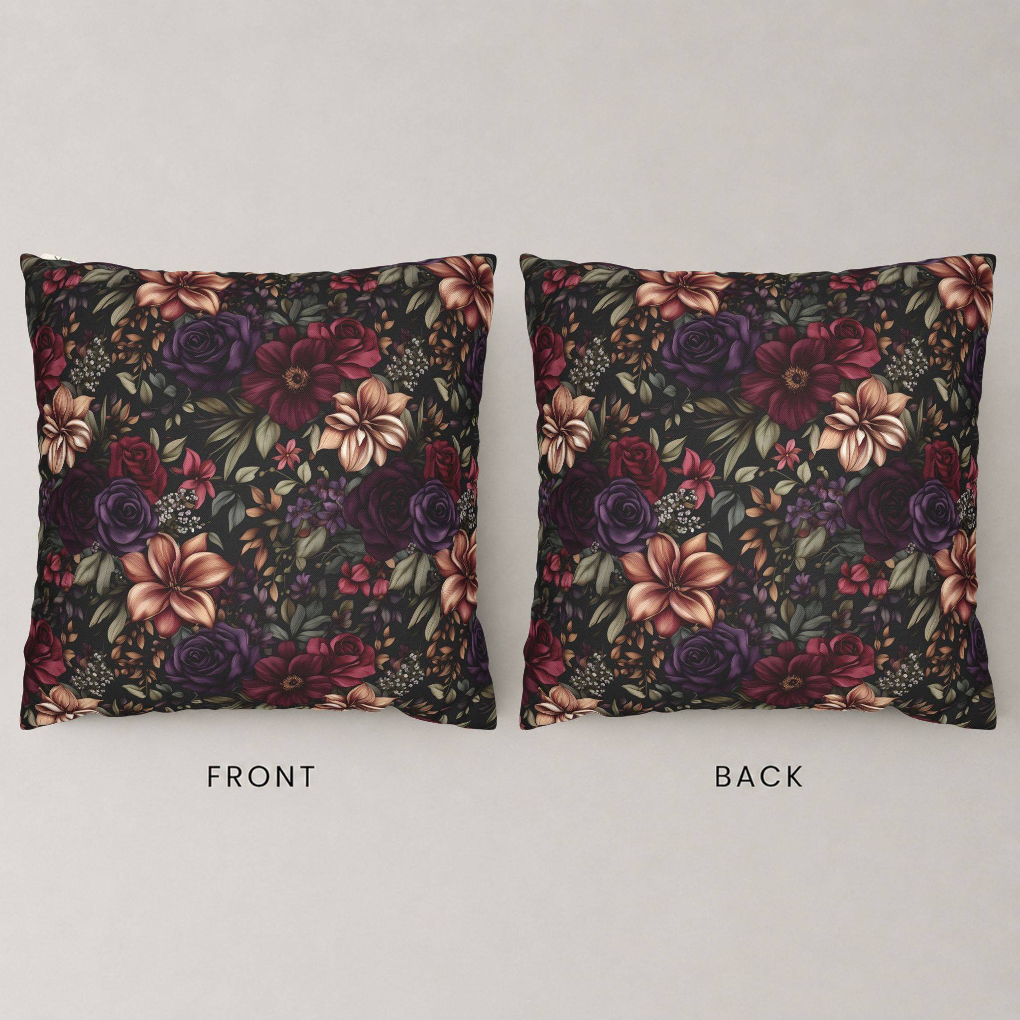 Front and backside view of this moody floral pillow cover in 18 or 20 inches.