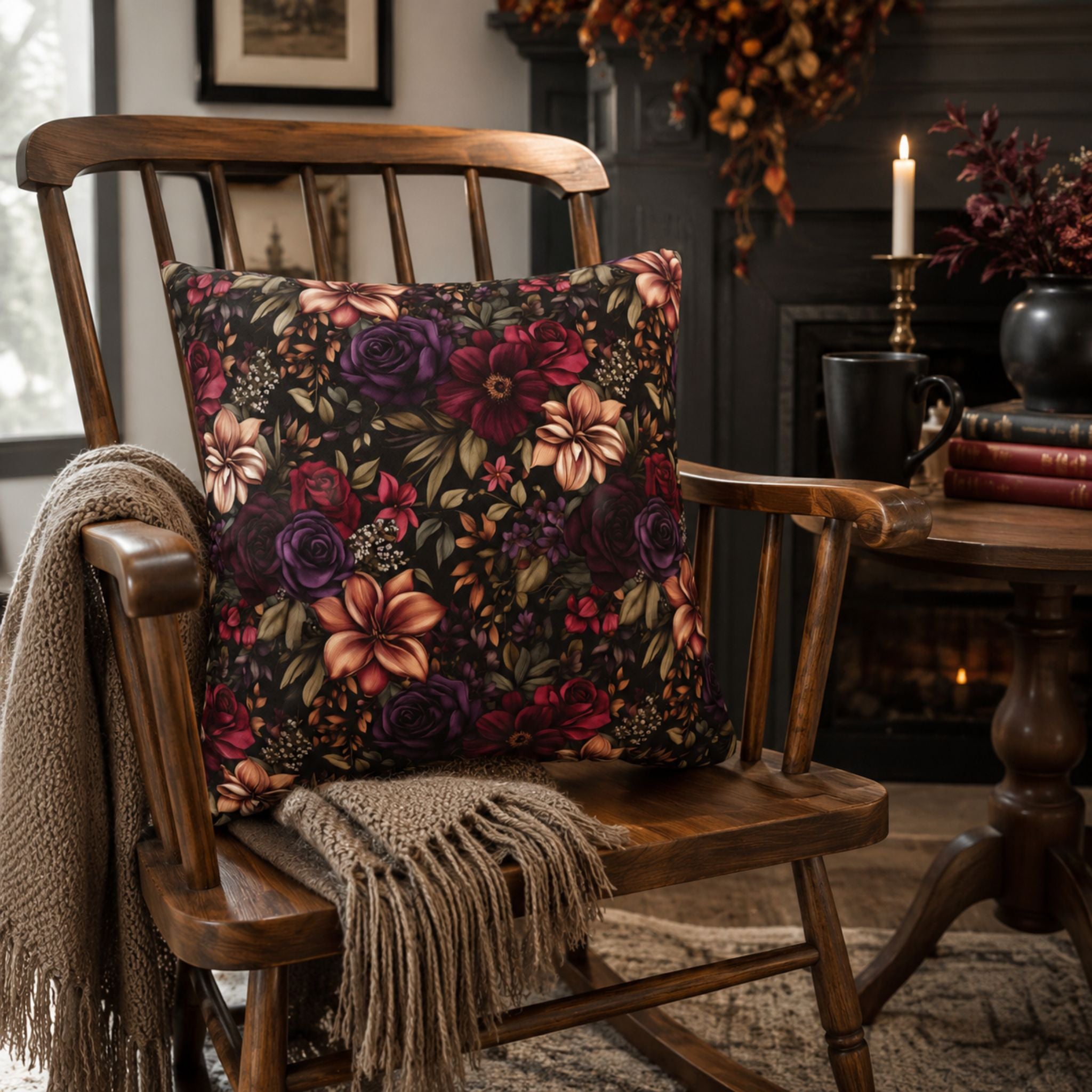 Flower pillow cover on a wooden rocking chair in a moody living room.