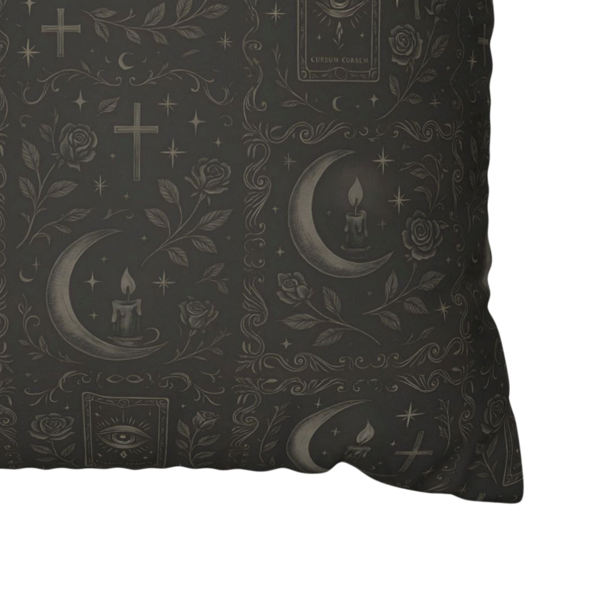 Decorative pillow with celestial and nature-themed pattern on a dark background