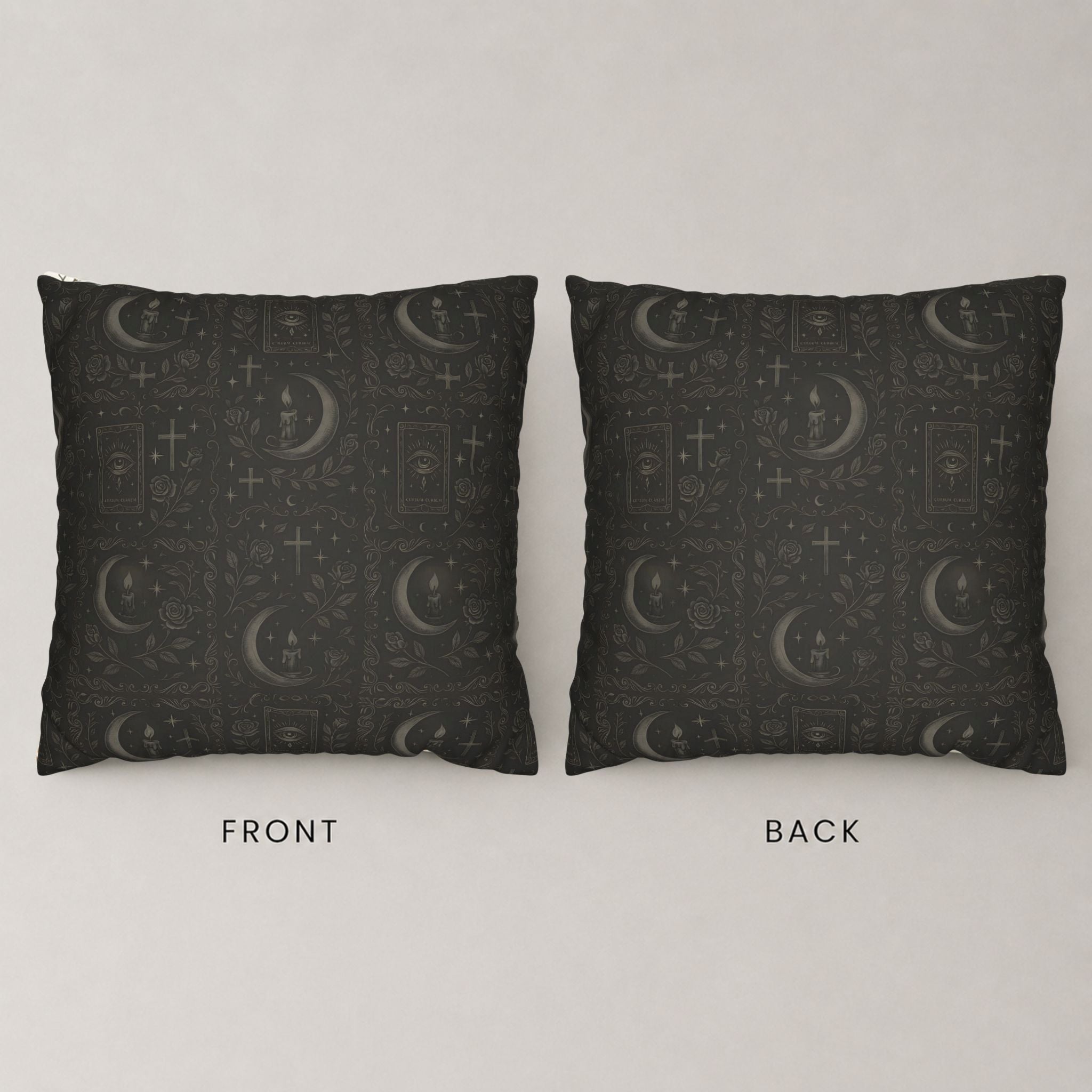 Front and backside of a faux suede pillow with a witchy pattern, with candles, moons and tarot cards.