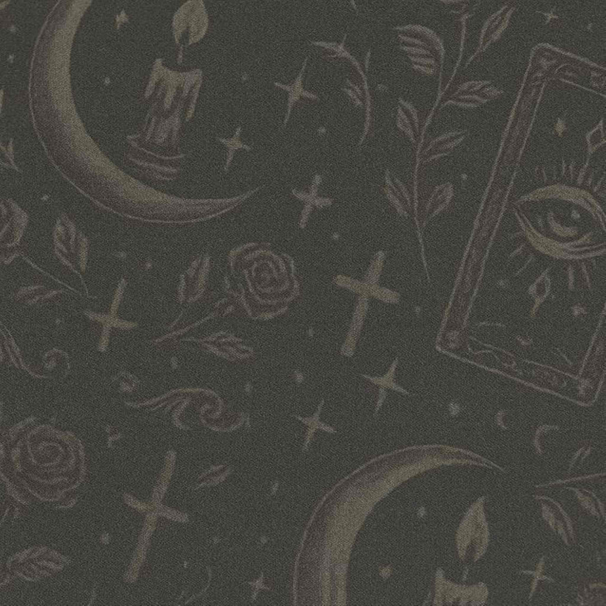 Pattern of tarot cards, candles, and moon phases on faux suede material used for a pillow cover.