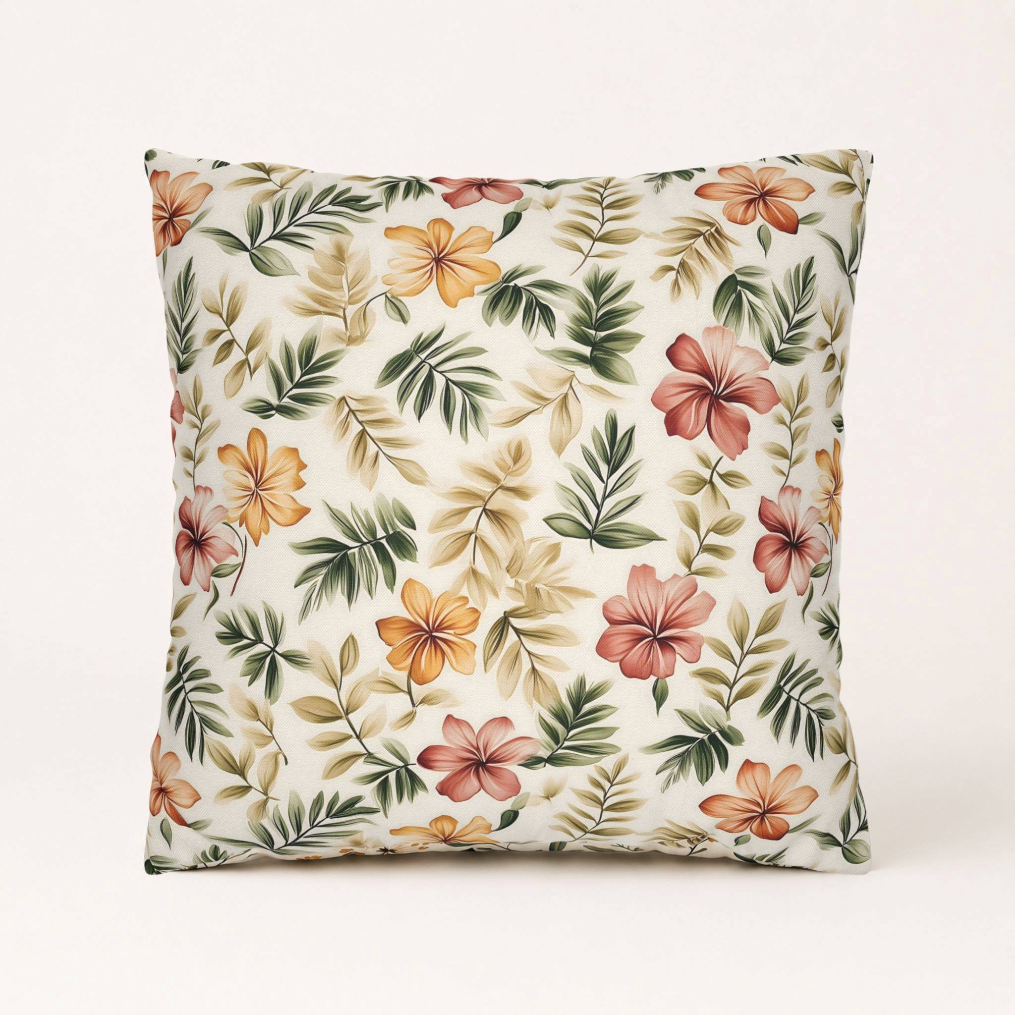 Tropical palm leaf throw pillow in earthy colors.