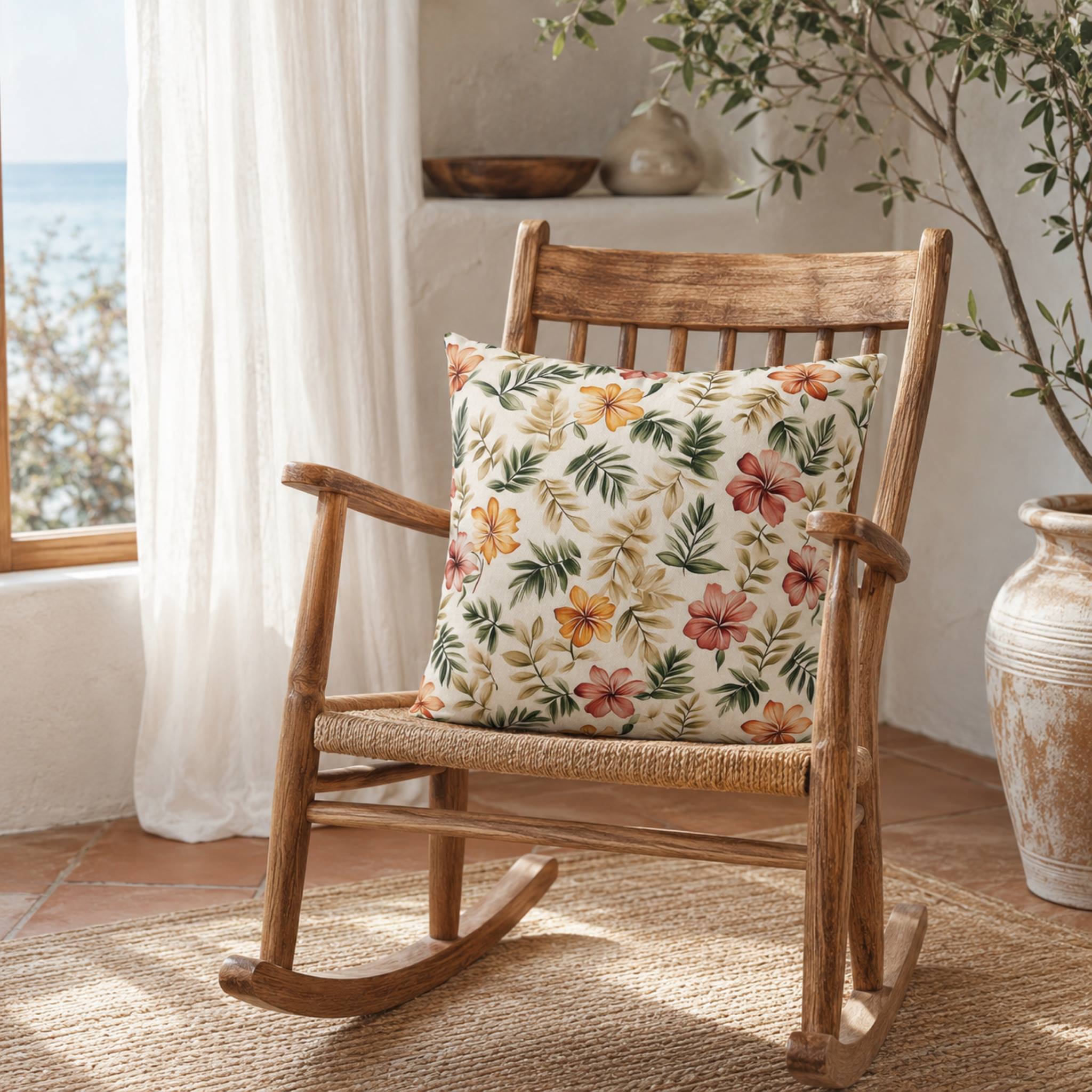 Tropical hibiscus throw pillow for coastal home styling.