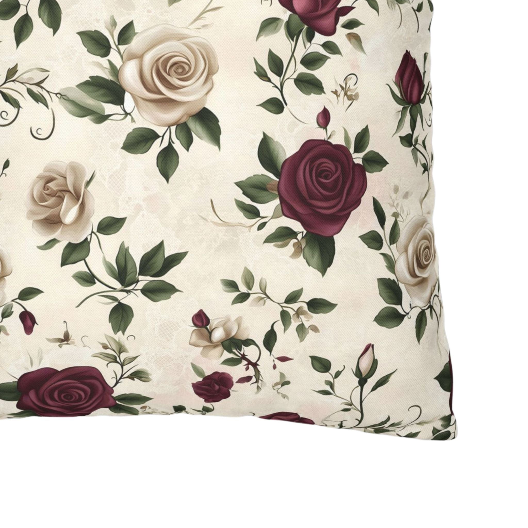 Close up of a vintage rose patterned pillow cover.