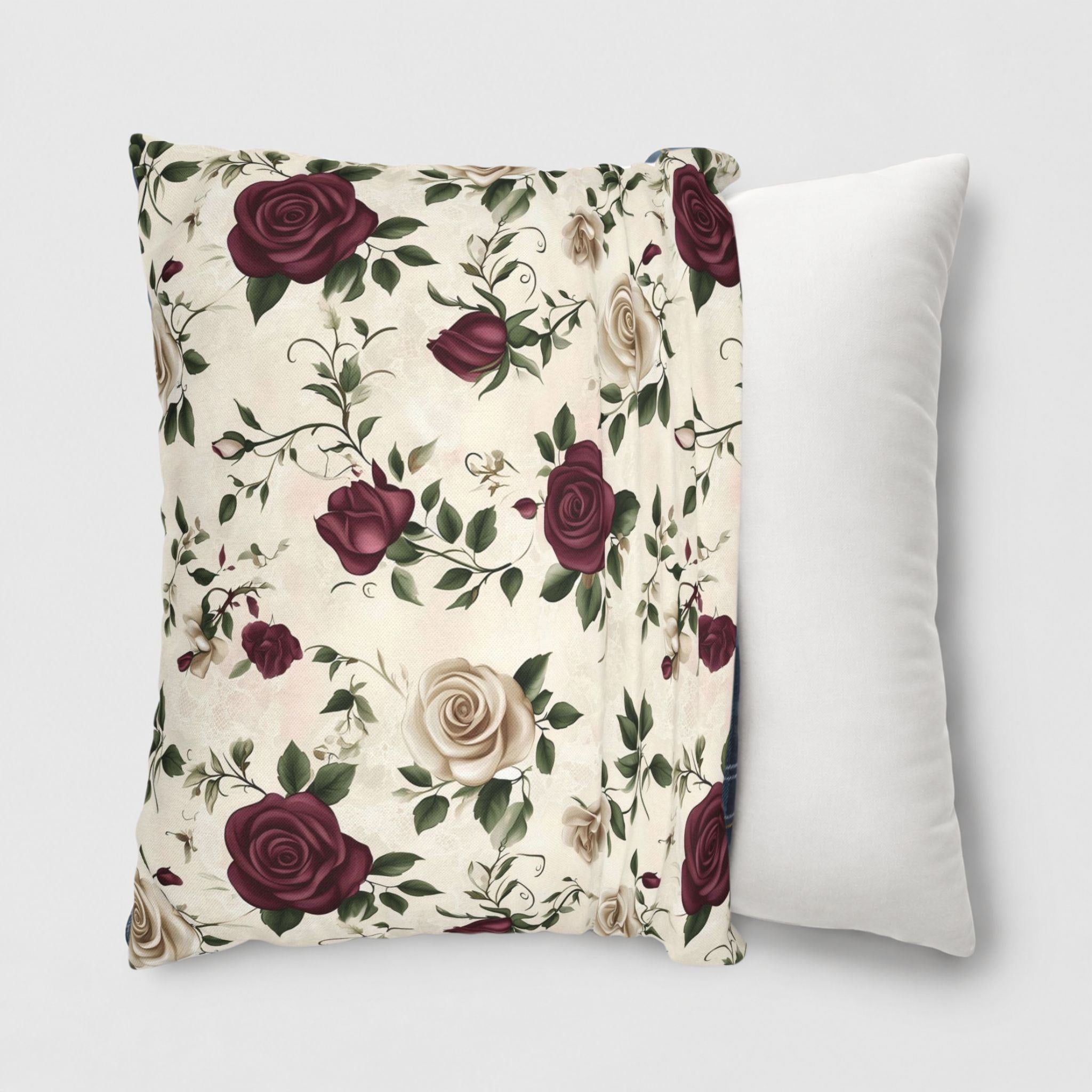 Floral pillow cover with burgundy roses and green leaves on a beige background, next to a plain white pillow.