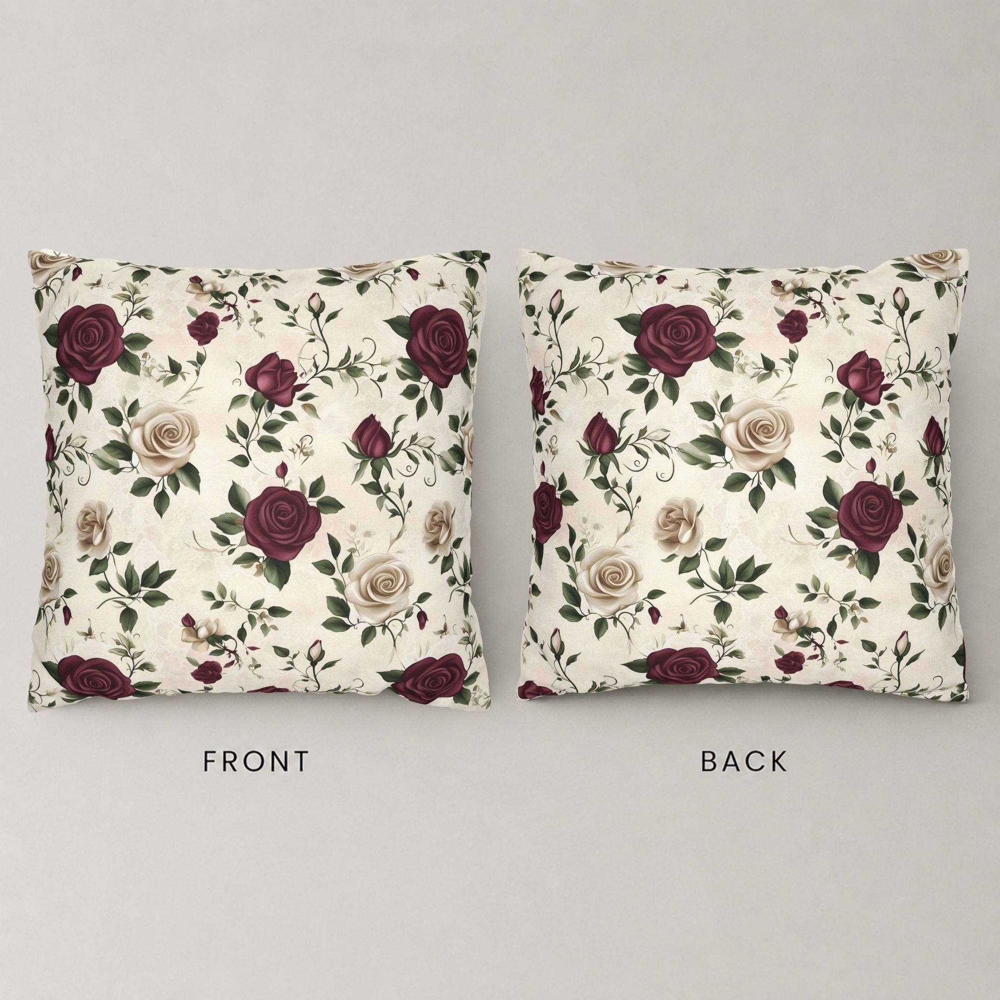 Front and back side of a vintage rose pillow cover.