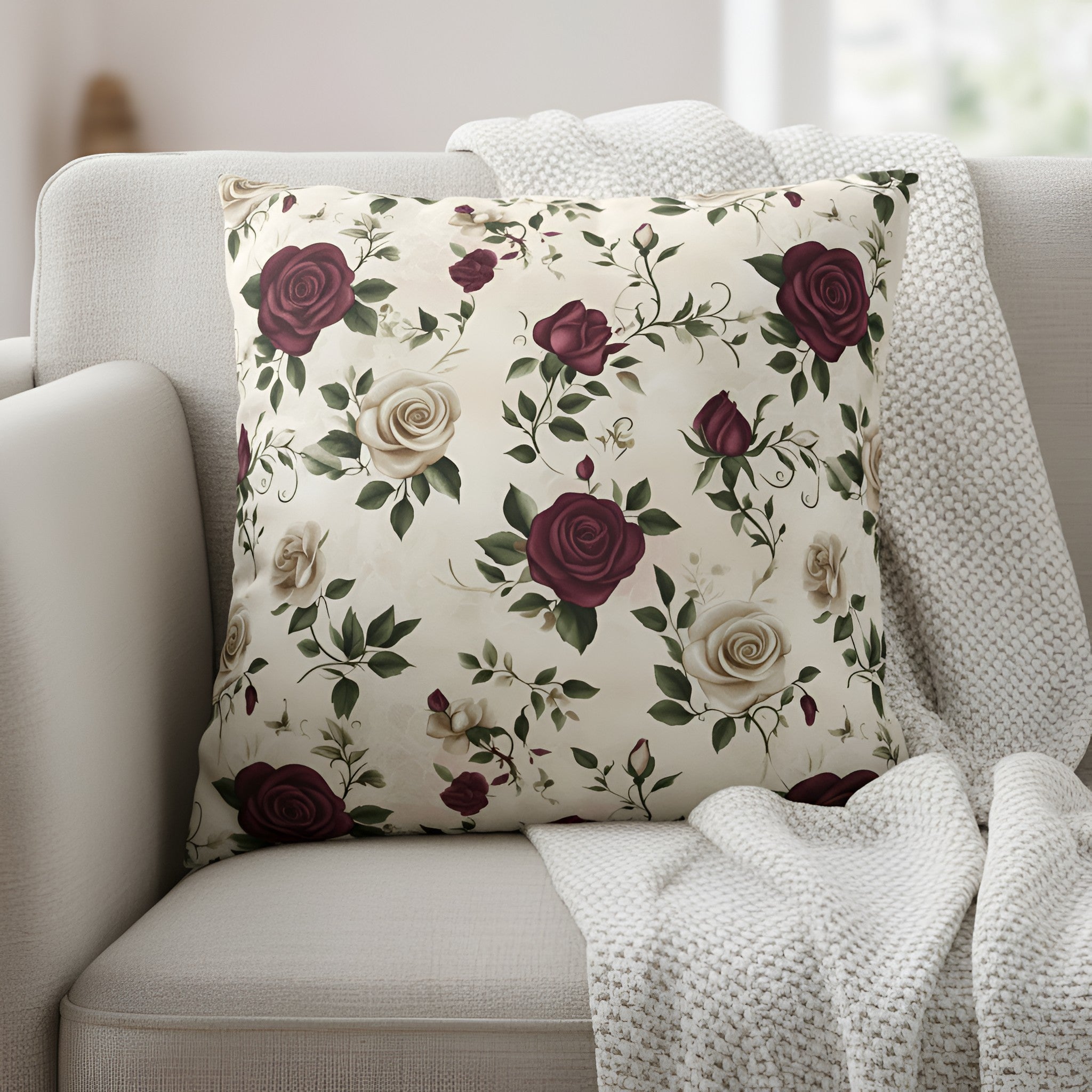 Floral rose pillow cover on a light gray couch.