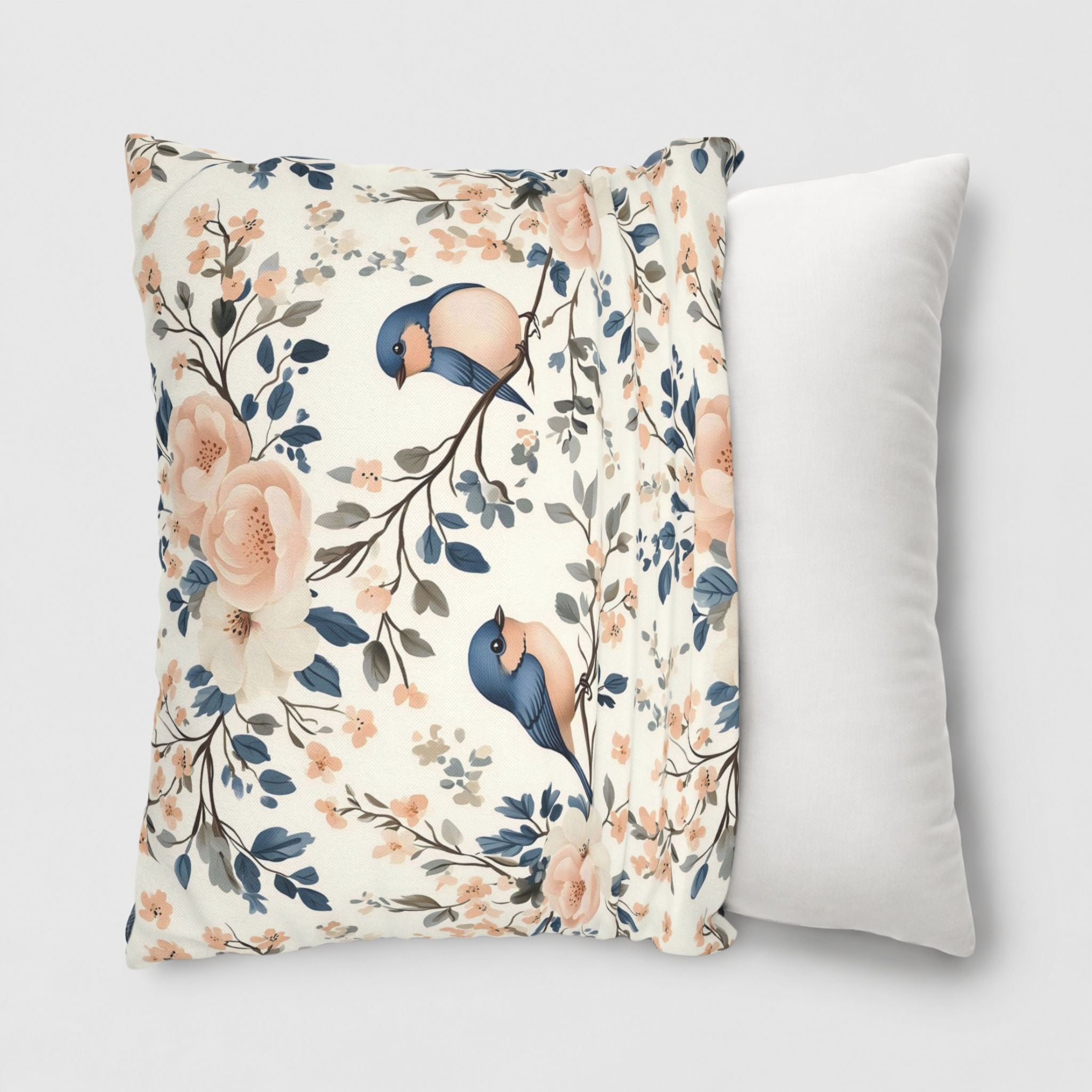 An 18-inch cottage pillow cover being slid on a 20-inch throw pillow.