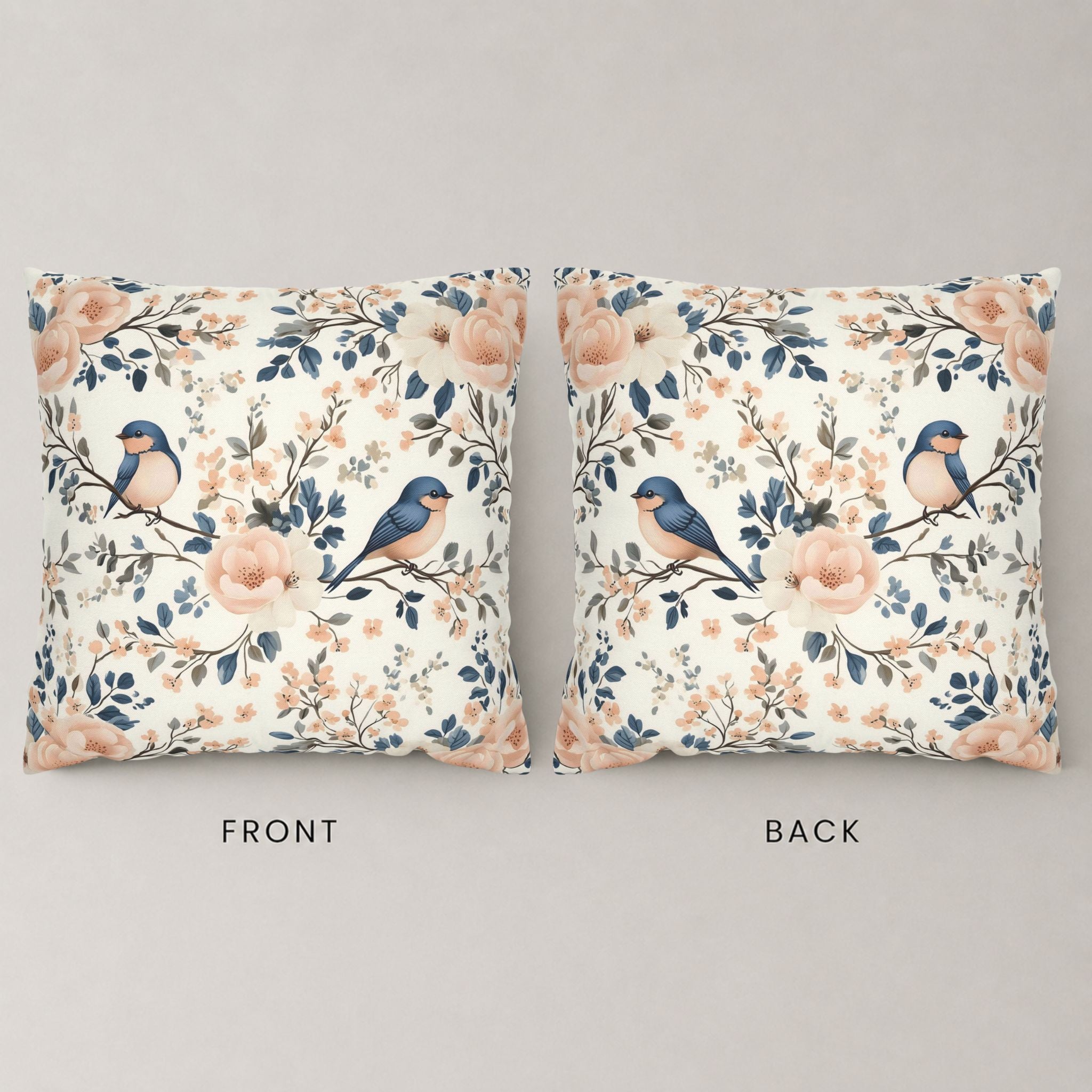 Front and backside of a square pillow cover featuring two bluebirds and pink and blue flowers.