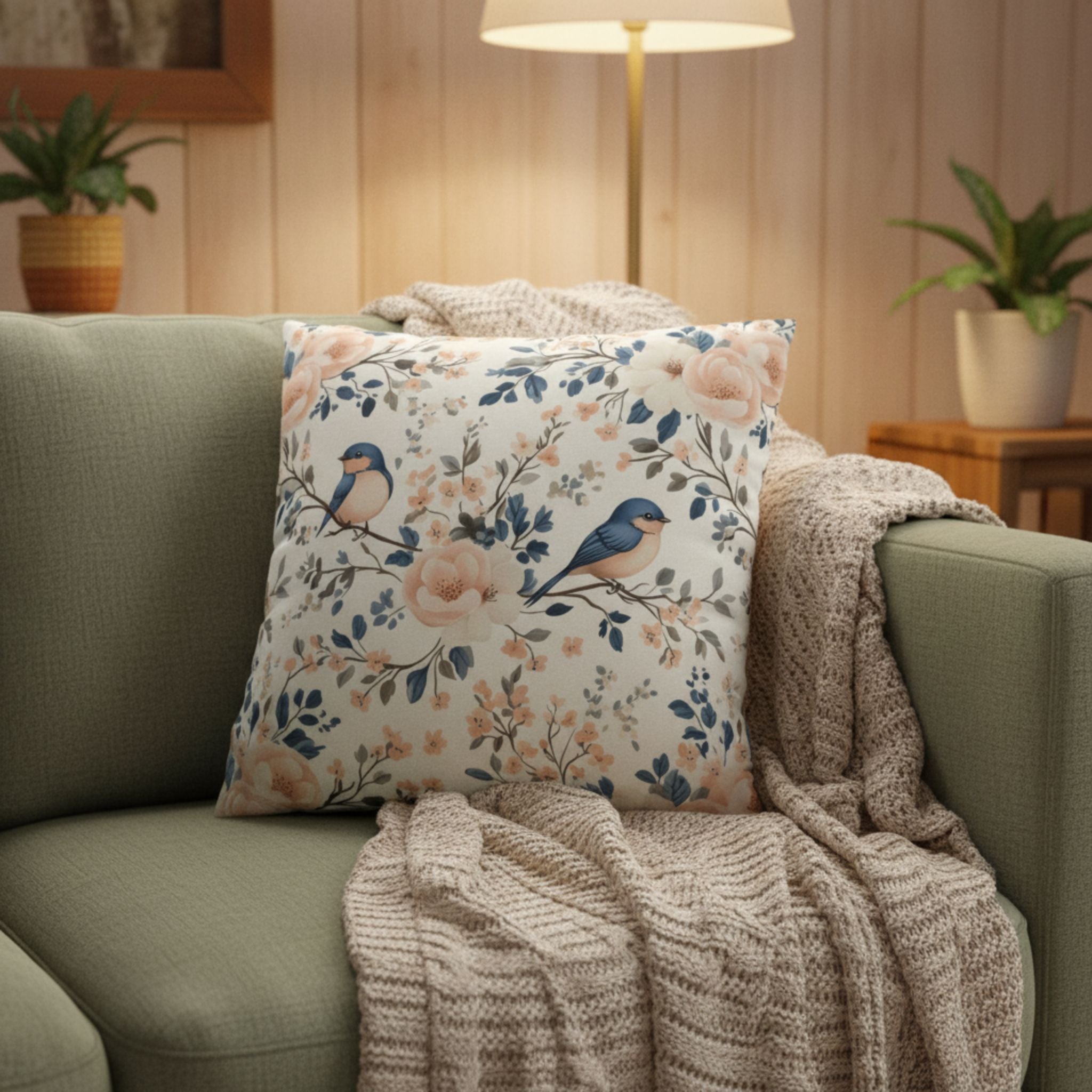 Spring living room with a light green couch, cozy blanket and a cottage styled throw pillow.