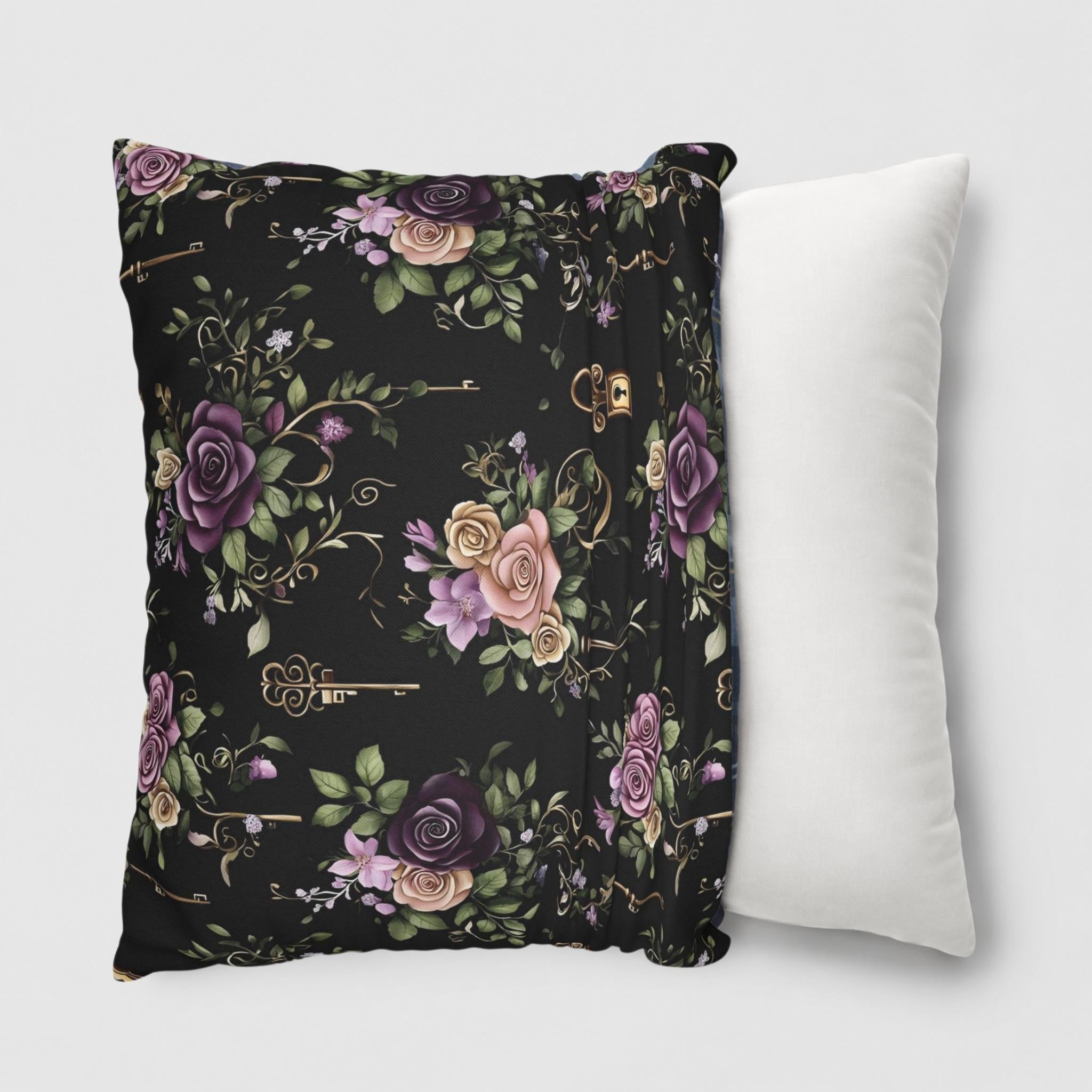 Rose and vintage key pattern on an 18 inch pillow cover being put on a 20 inch throw pillow.