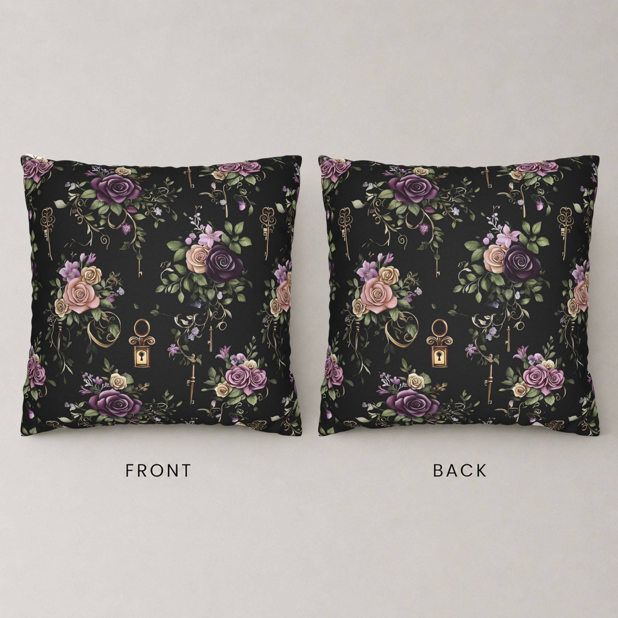 Front and back of a throw pillow cover that has pink and plum roses with a vintage lock and skeleton key 