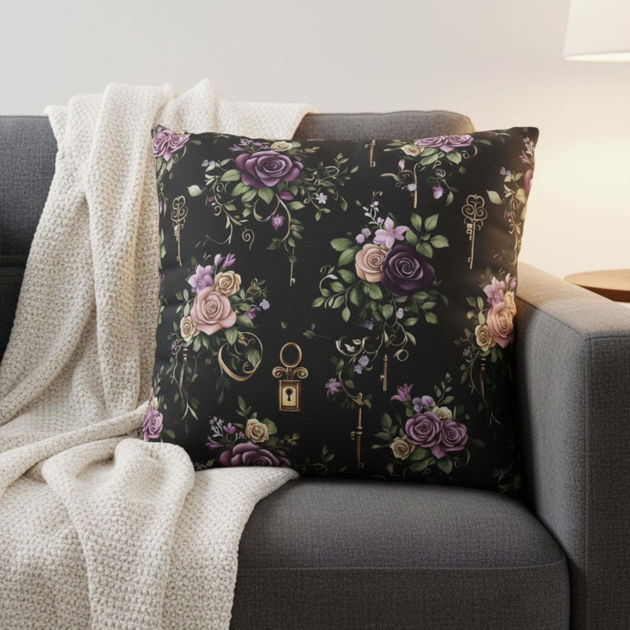 Floral rose throw pillow with a vintage lock and skeleton key design on a gray couch.