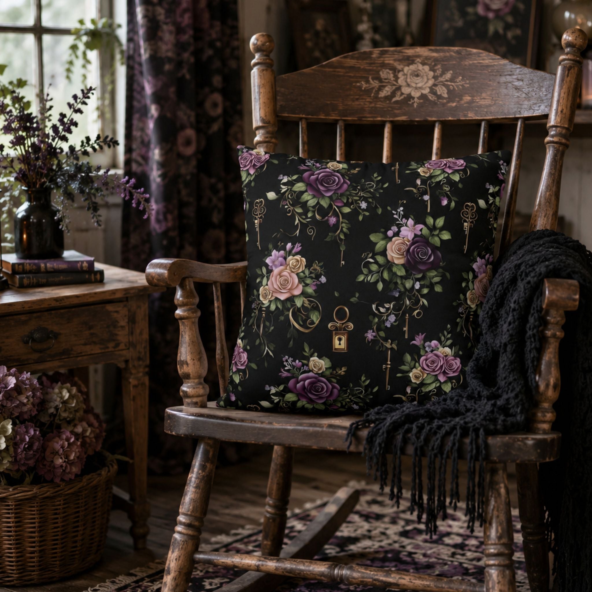 Decorative throw pillow with a floral pattern on a wooden rocking chair in a moody room.