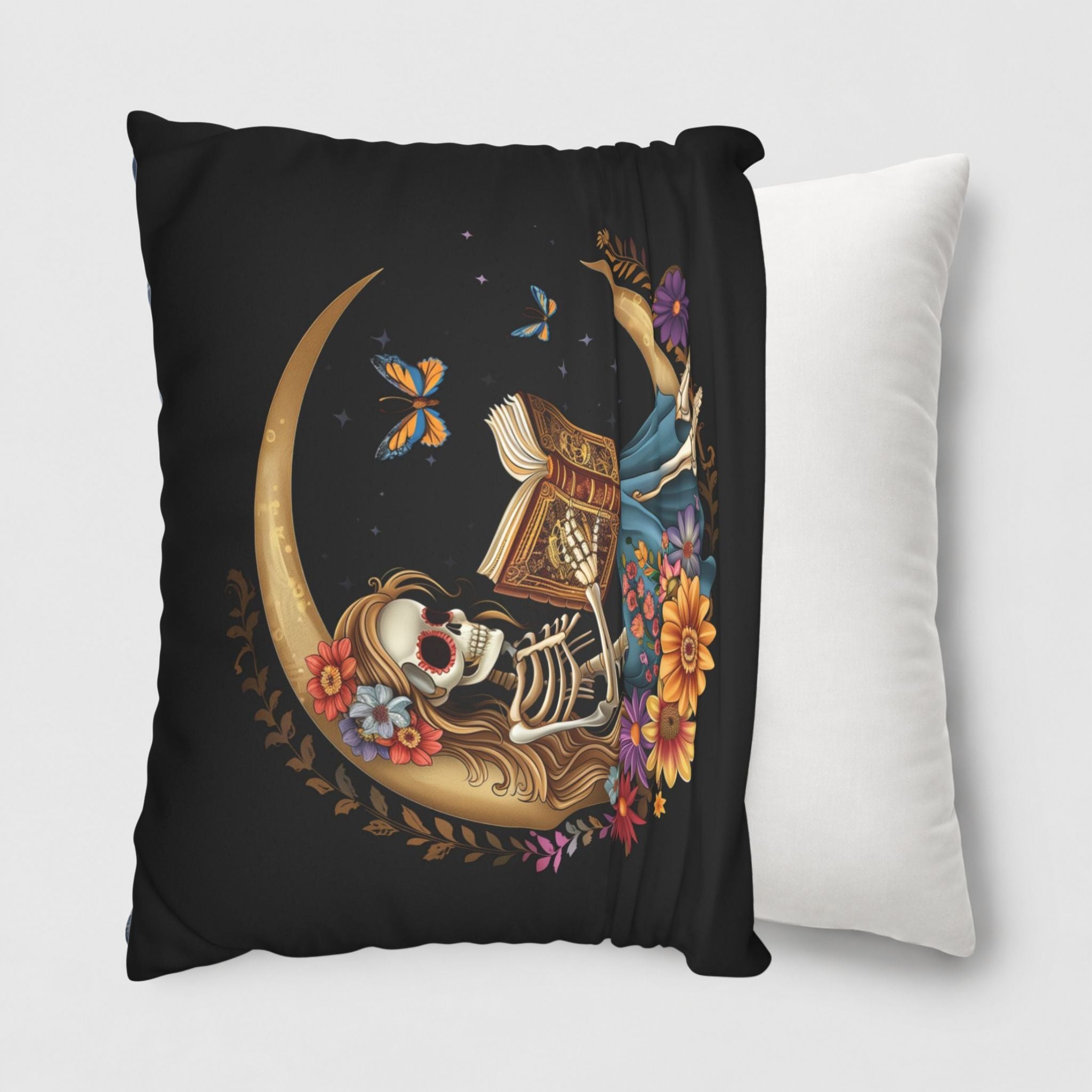 Skeleton girl with moon pillow cover front view being put onto a throw pillow.