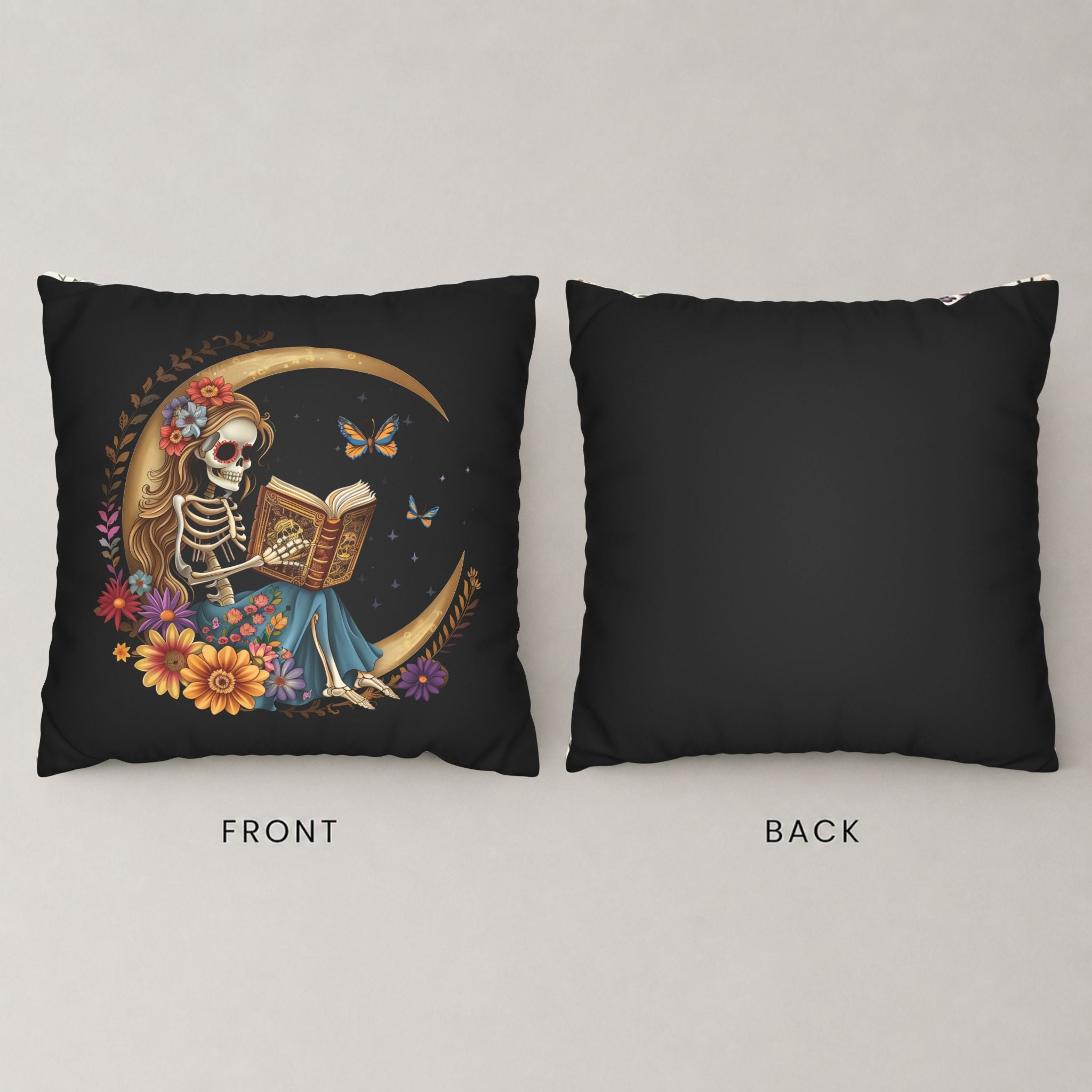 Skeleton moon pillow cover front and black back view.