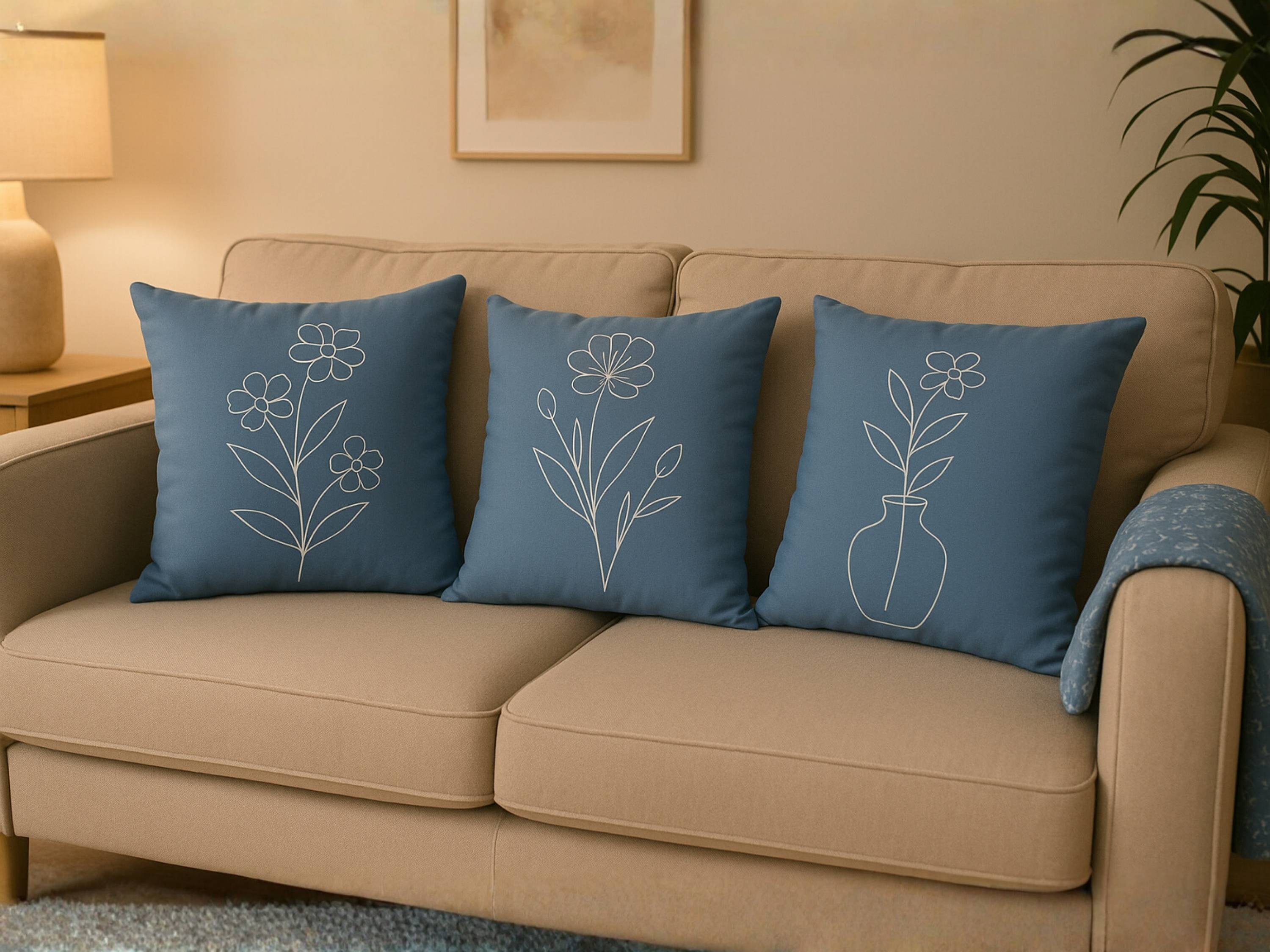 Blue Floral Trio Pillow Cover - 20" Woven Cotton | Durazza