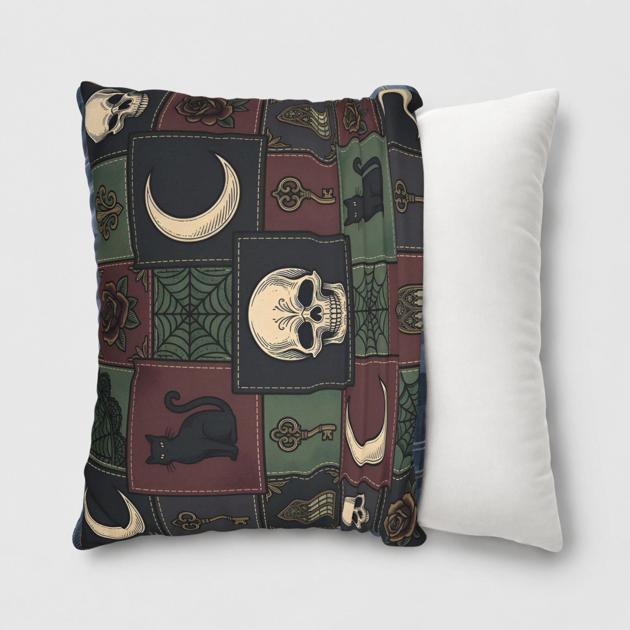 Whimsigoth polyester pillow cover being slipped onto an 18 inch throw pillow for a witchy look.
