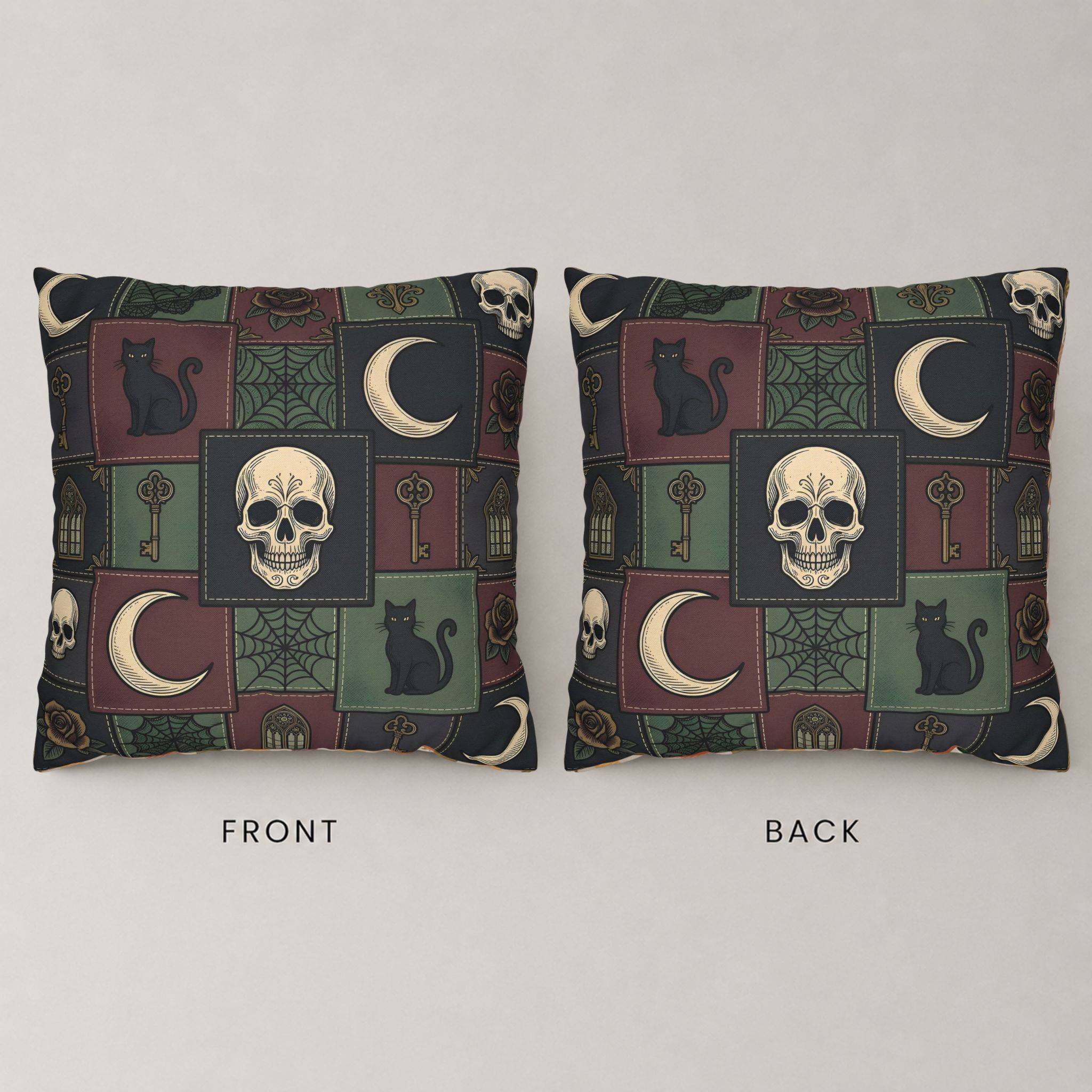 Front and backside of a Halloween pillow cover with skull, cat, and moon design on a plain background