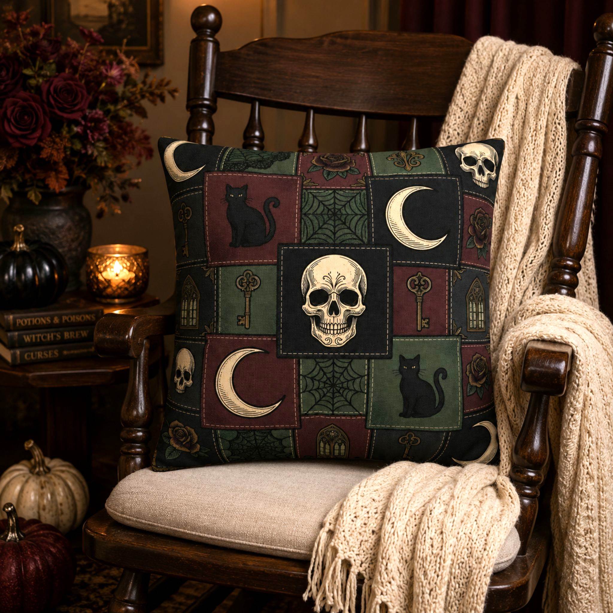 A whimsigoth living room with a Halloween styled pillow cover on a wooden rocking chair.