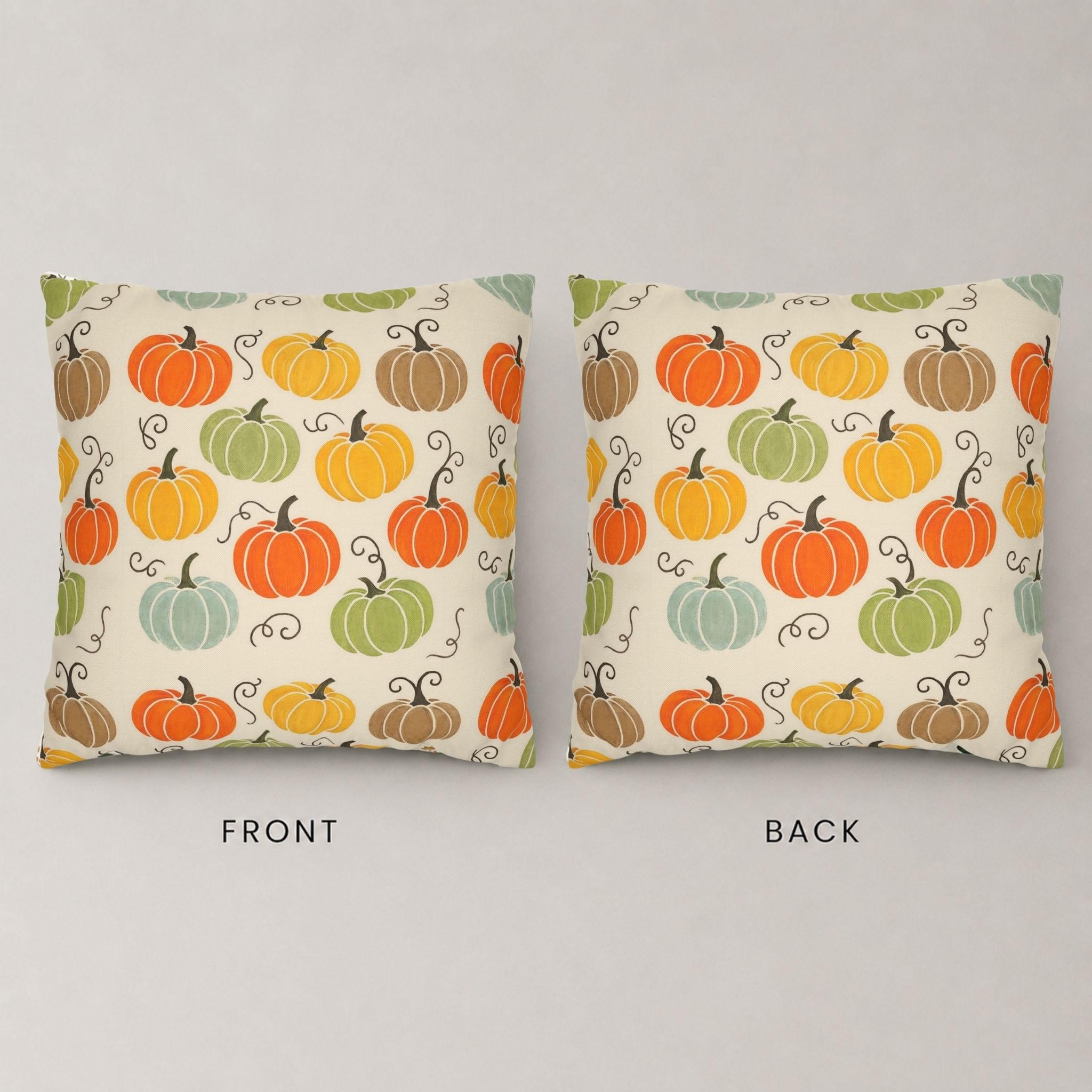 Front and backside of an Autumn harvest pillow cover for fall home decorating.