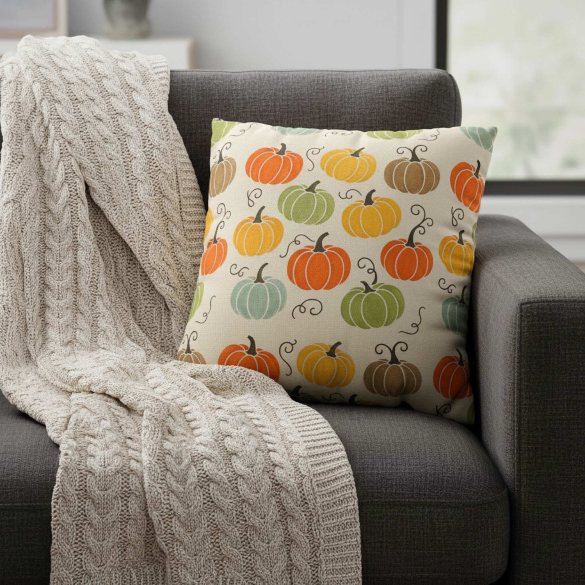 Pumpkin throw pillow with an Autumn harvest cover for fall home decorating.