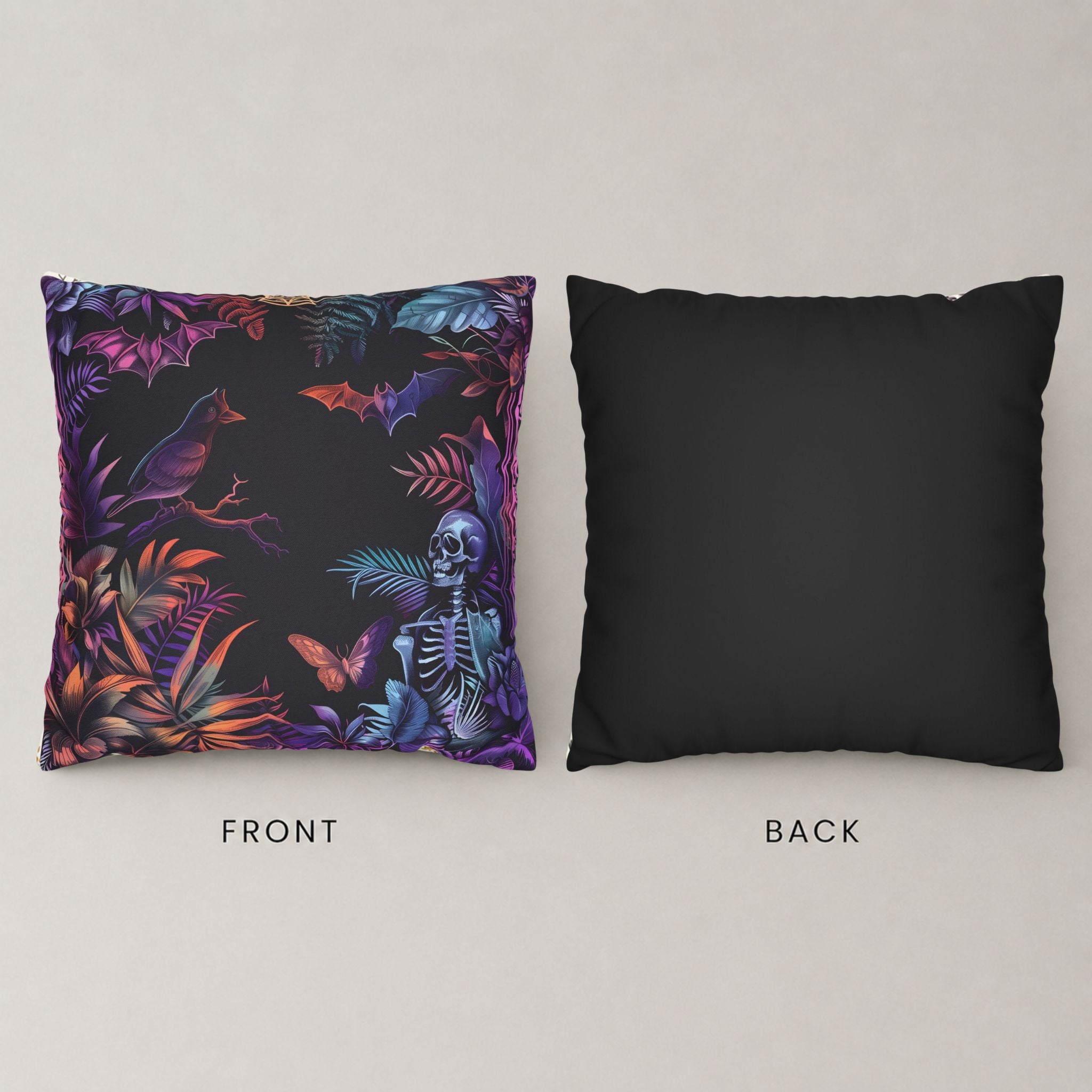 Pillow cover with a skeleton and palm leaf front and solid black backside.
