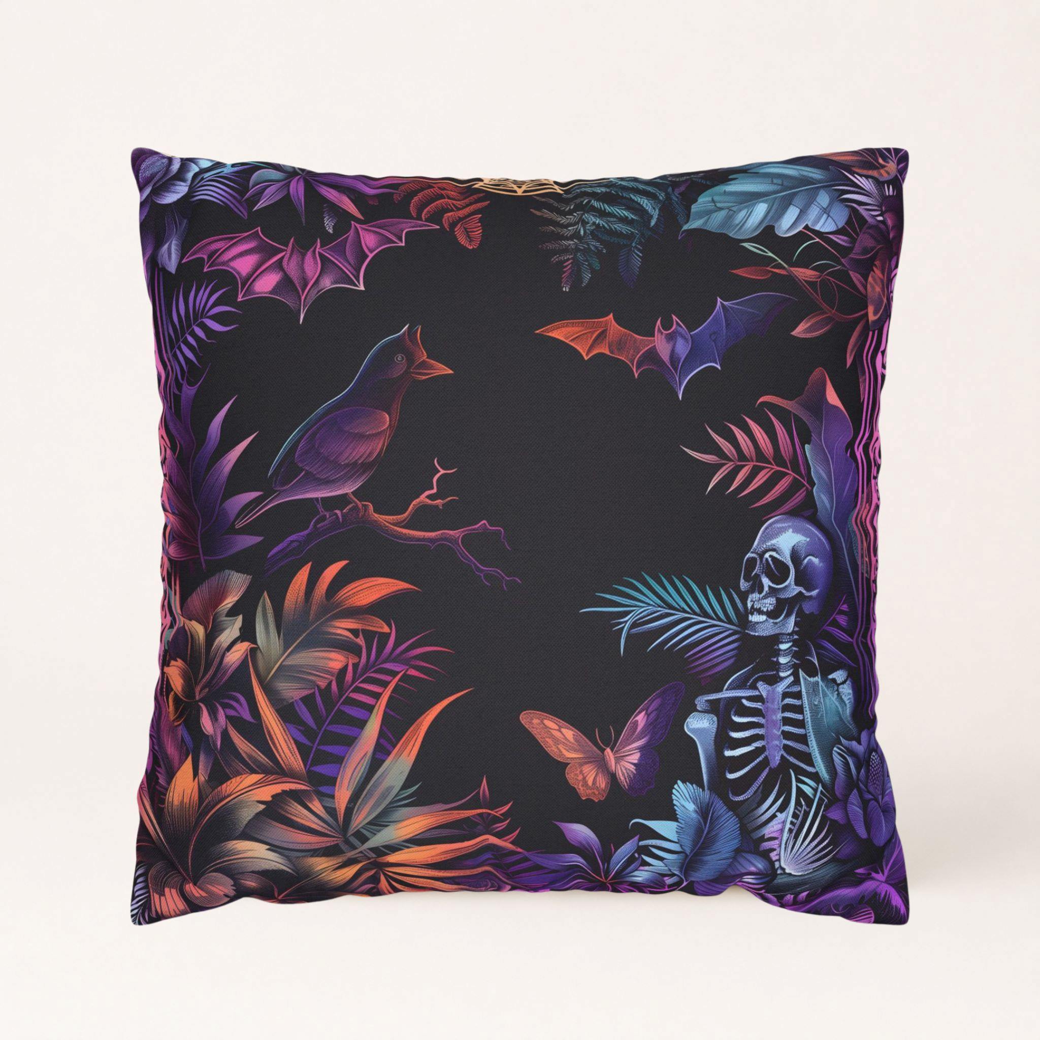 Decorative pillow cover with Halloween-themed design featuring bats, birds, and a skeleton on a dark background.