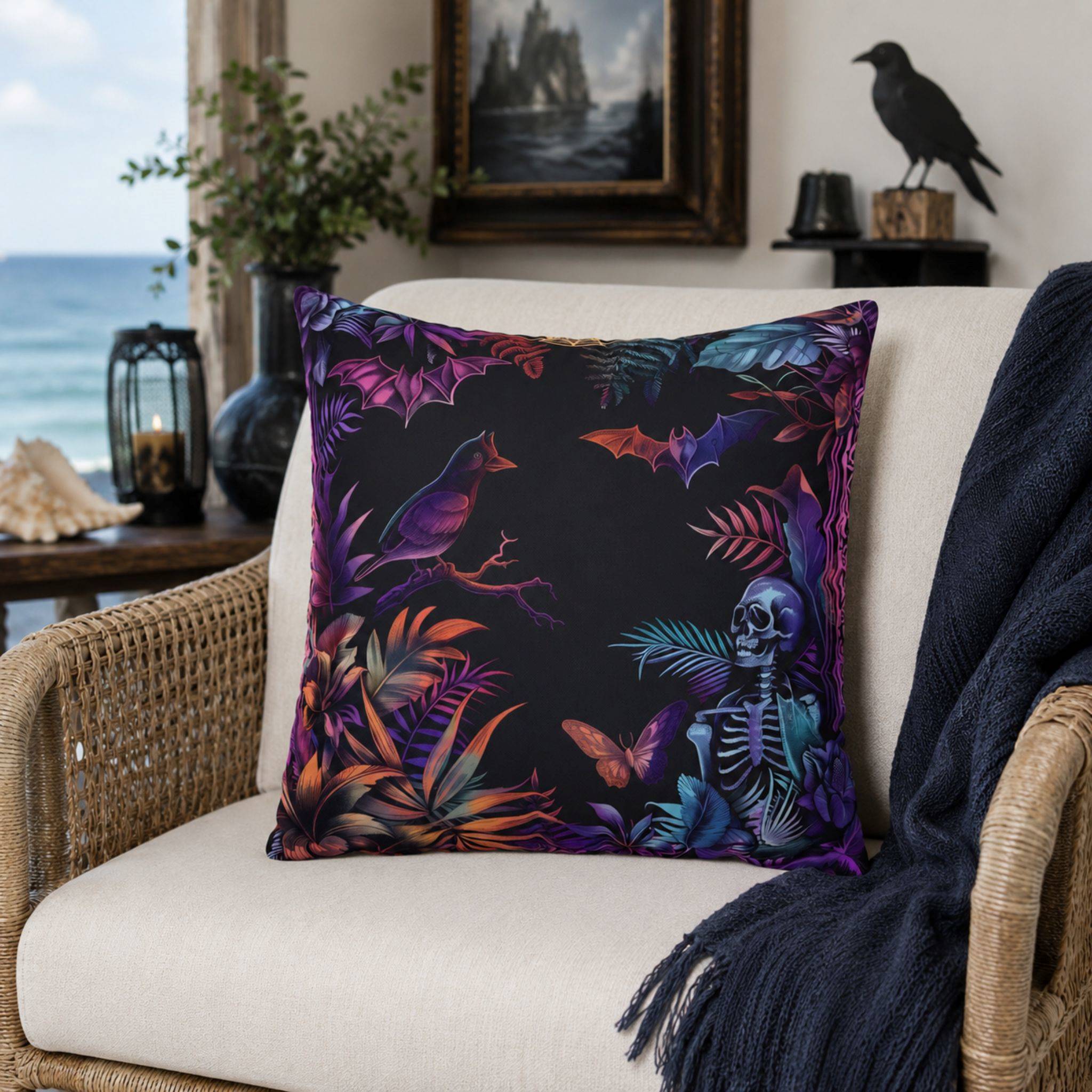 Decorative pillow with Halloween-themed design on a couch in a spooky coastal living room setting.