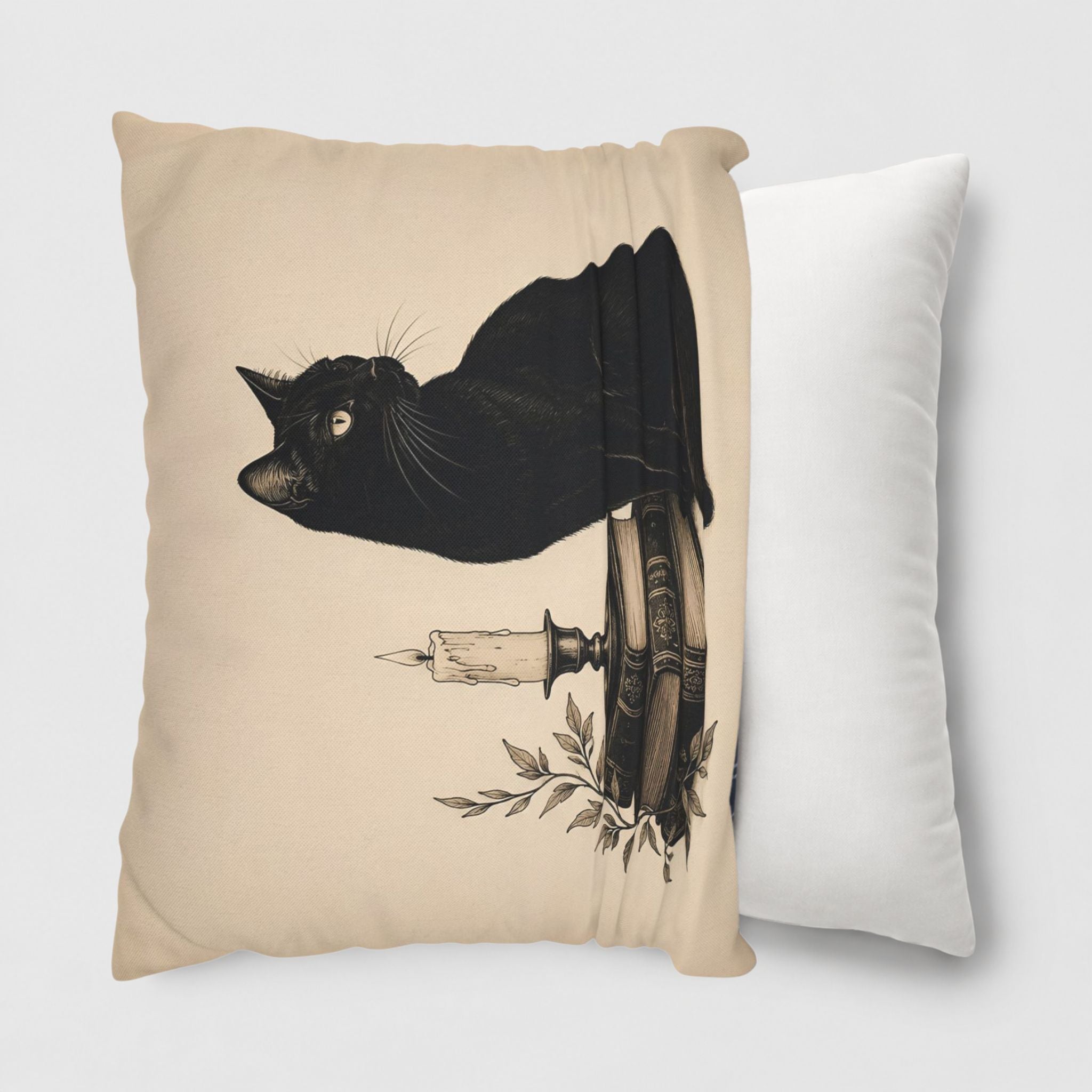 Black cat pillow cover front and beige back view on white throw pillow.