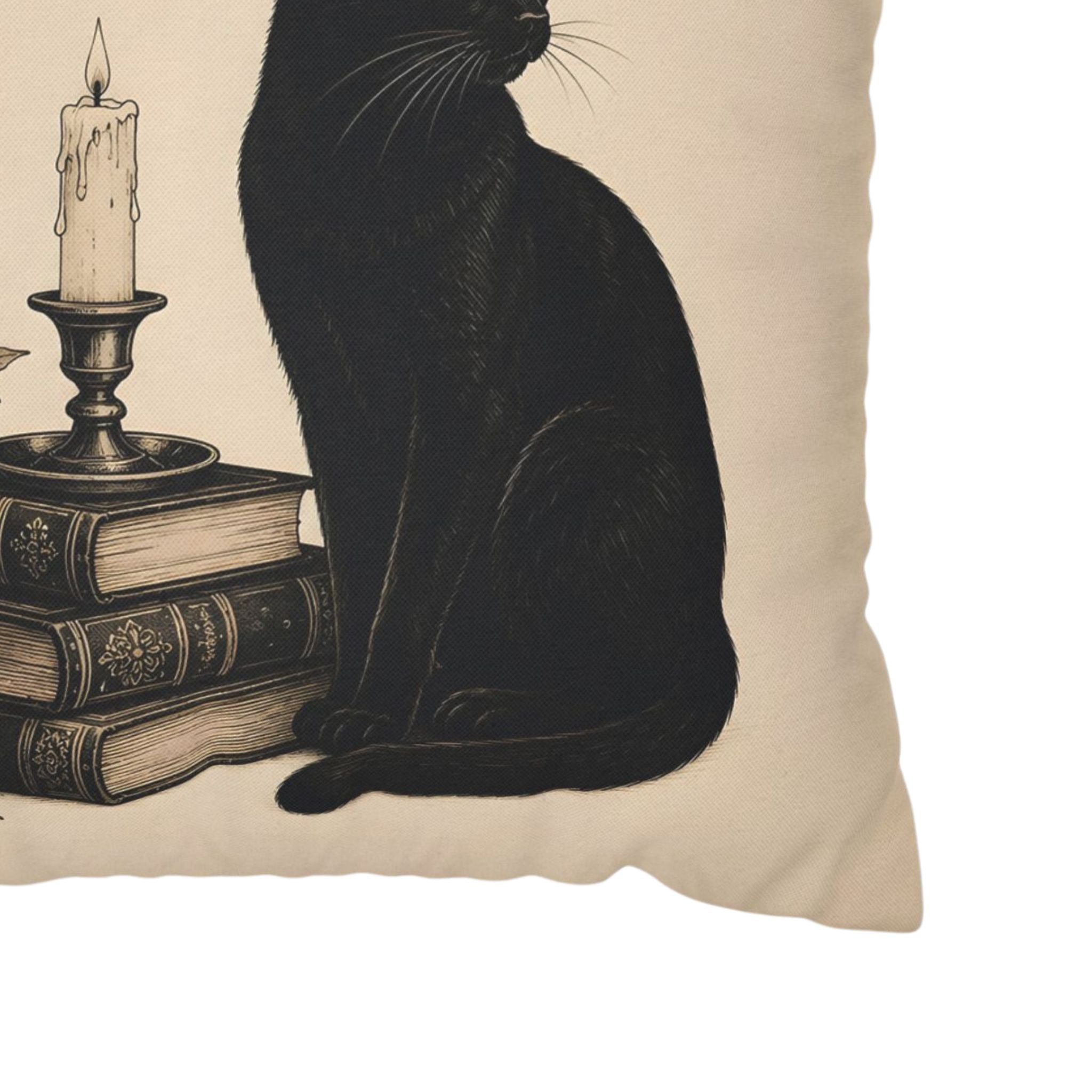 Black cat pillow cover zoomed into see close up of cat and books.