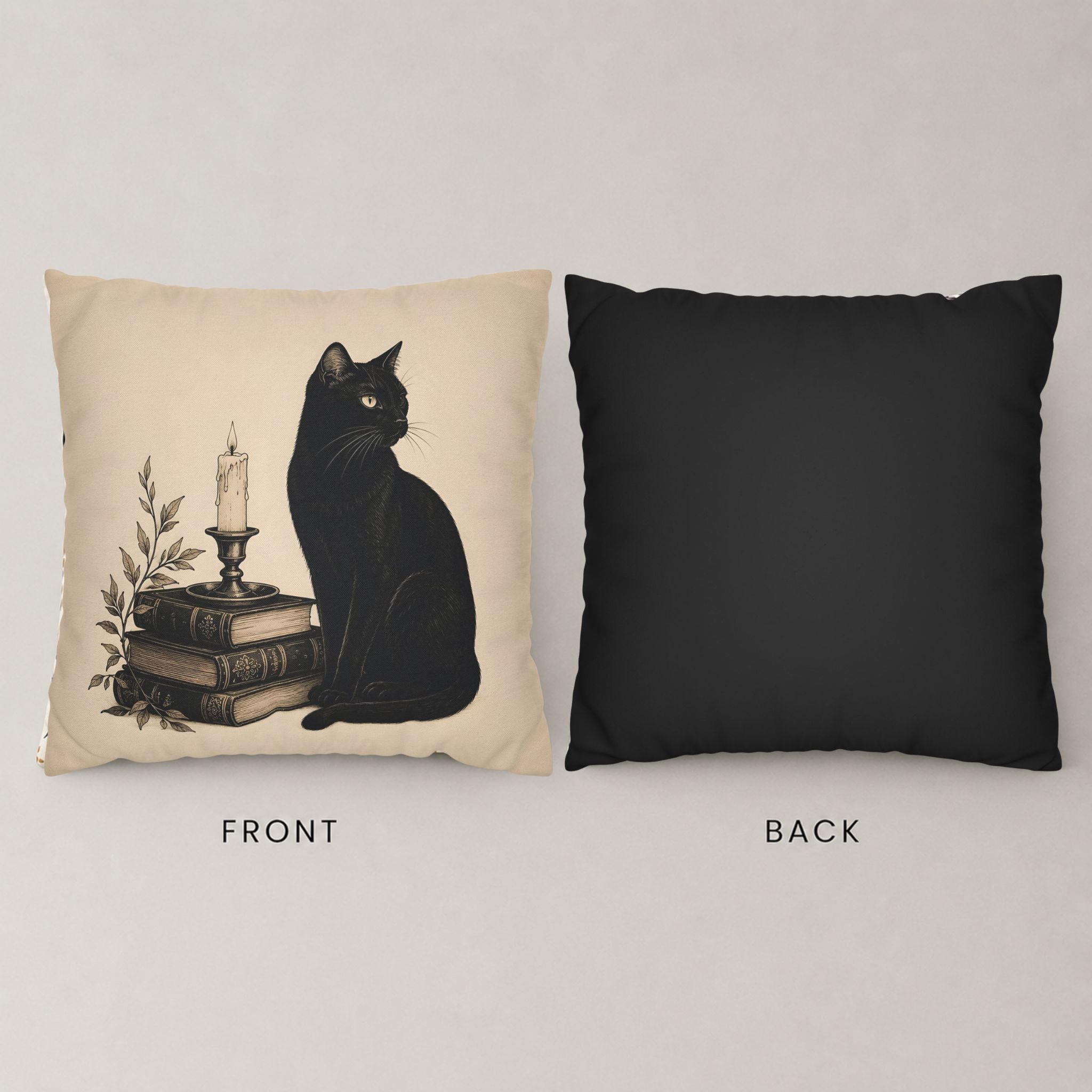 Black cat pillow cover front and black back view