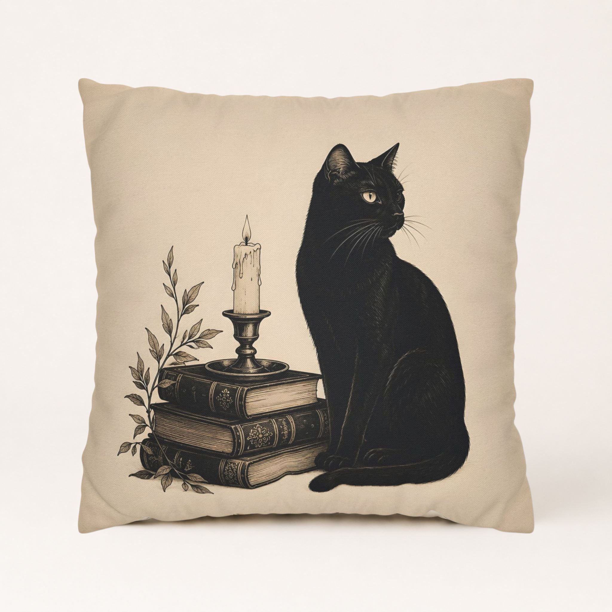 Black cat pillow cover with antique books, candle, and botanical stems on beige fabric