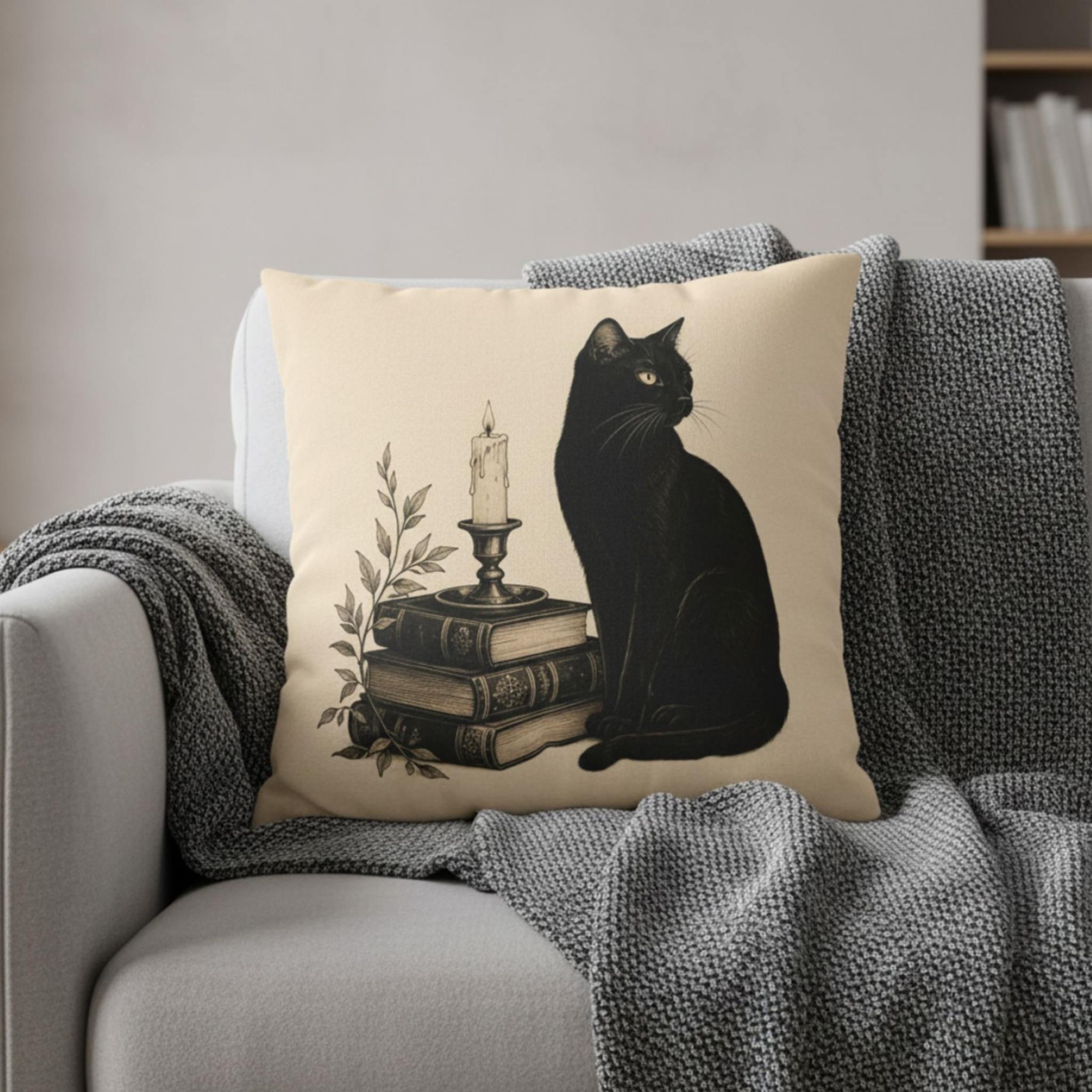 Black cat, candle and books on a Dark academia pillow cover.