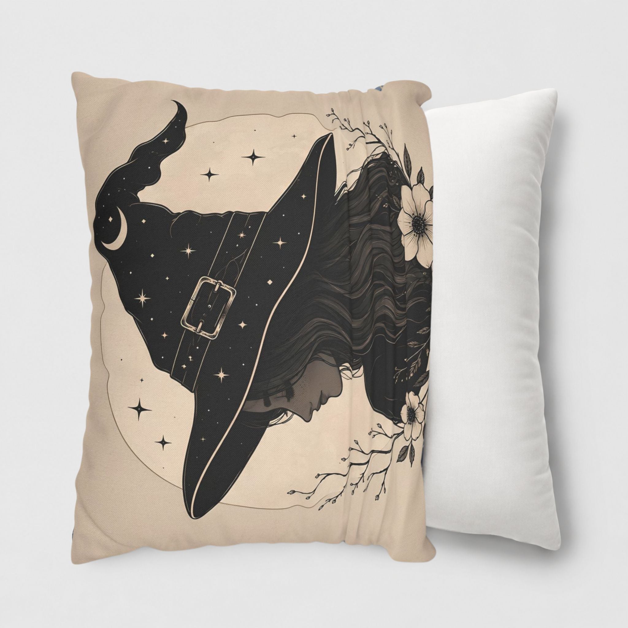 Witch hat with moon pillow cover being slipped on a throw pillow.