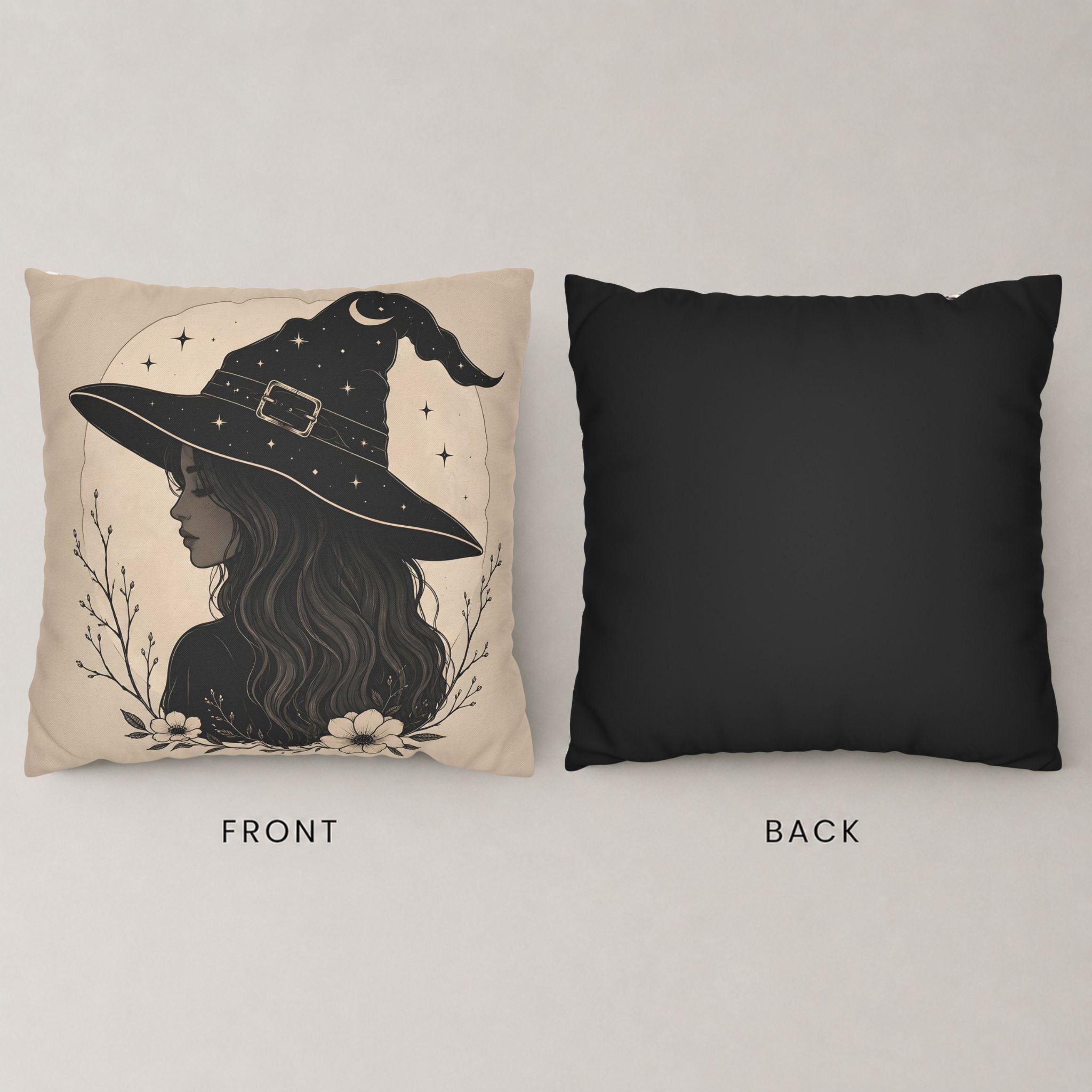 Pillow with a vintage witch design on the front of pillow cover and a plain black side