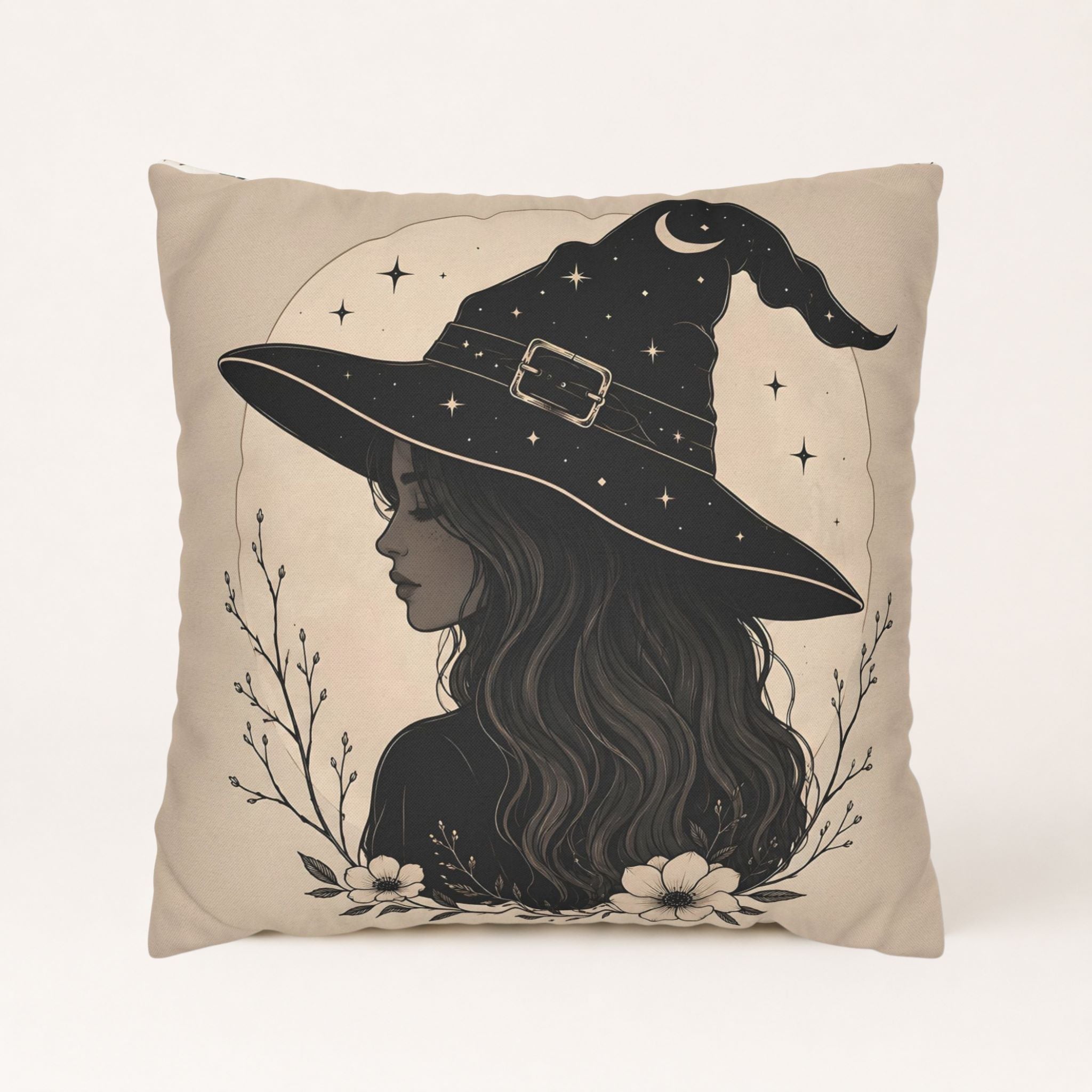 Pillow with a witch design featuring a hat, flowers, and stars on a beige background