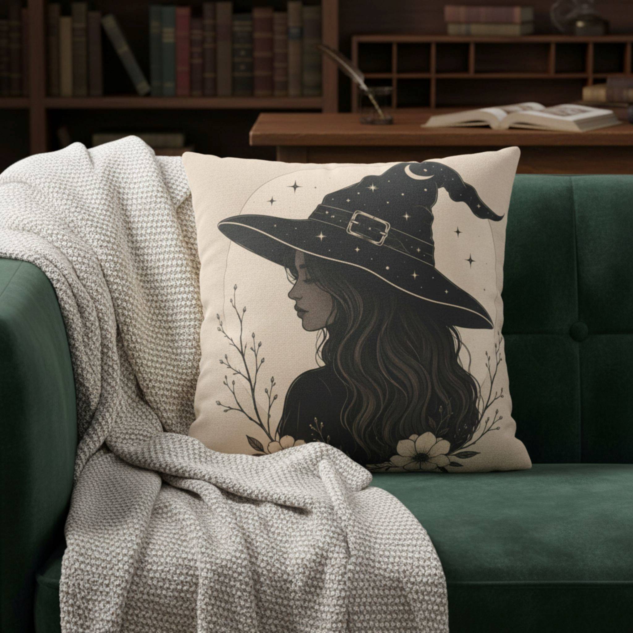 Decorative throw pillow with witch design on a green couch with a blanket