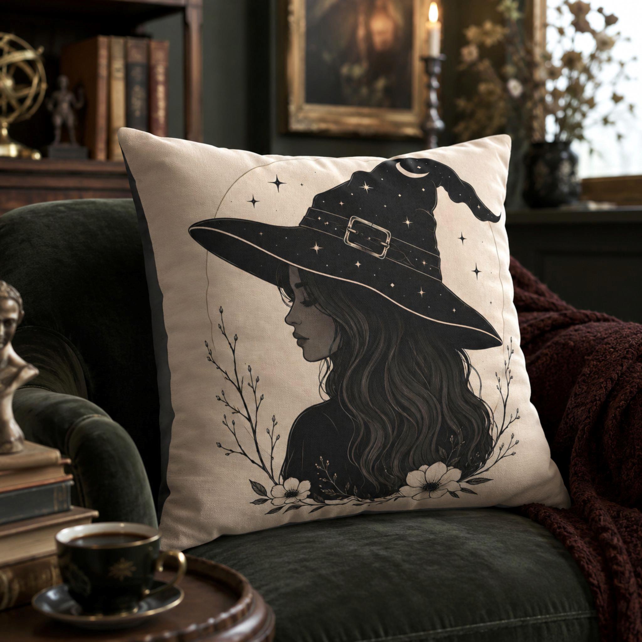 Decorative throw pillow with witch design made for whimsigoth home styling.