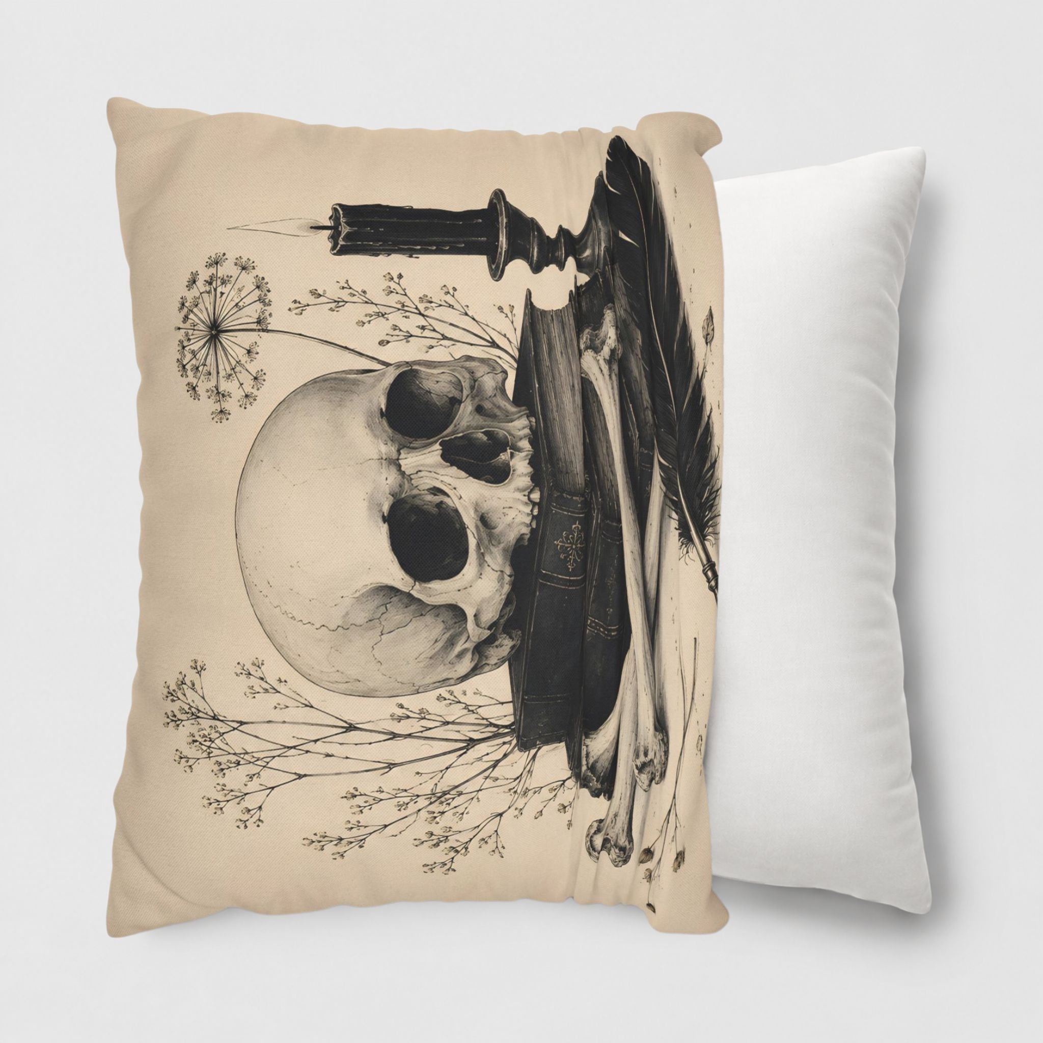 Gothic skull book pillow cover being slid over a throw pillow.
