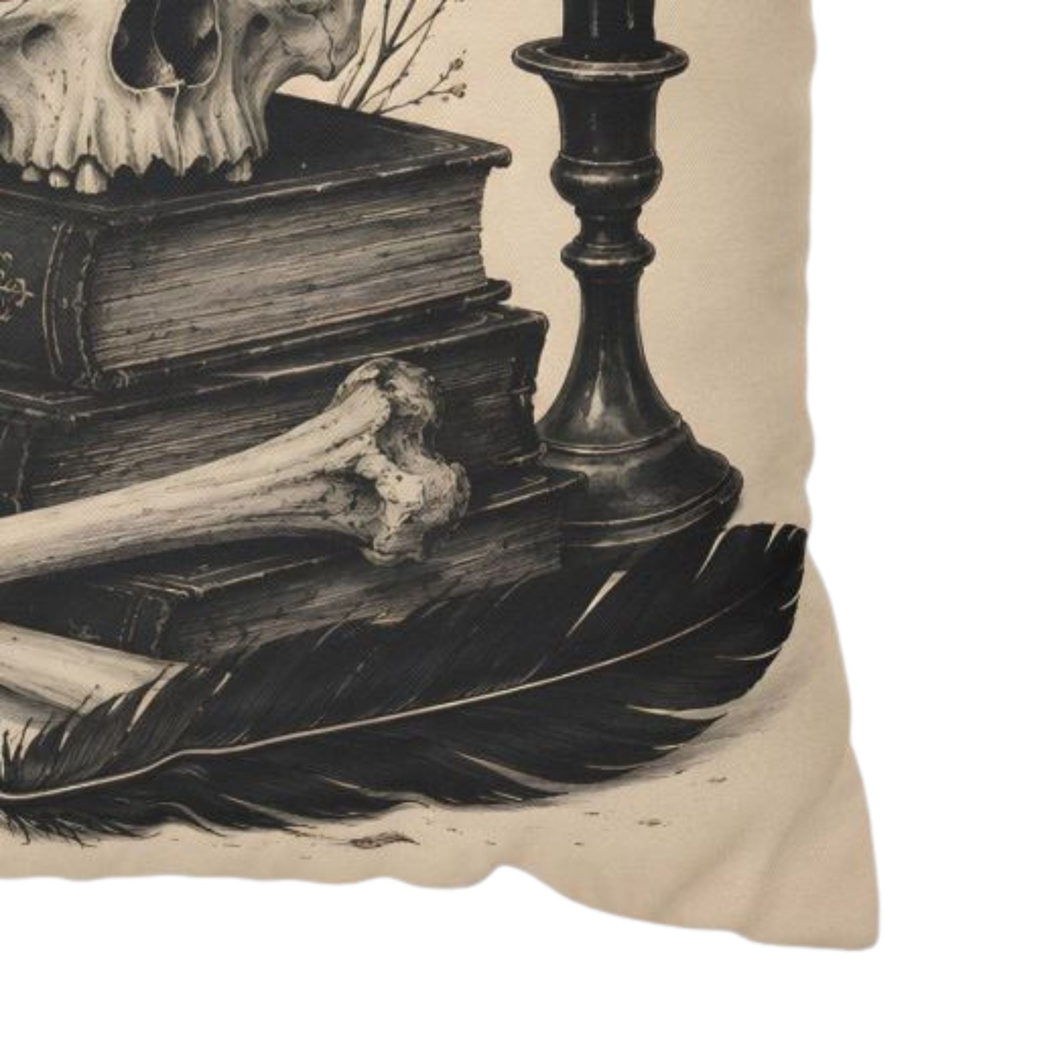 Detailed skull and book pillow cover with candle, feather, and gothic artwork.