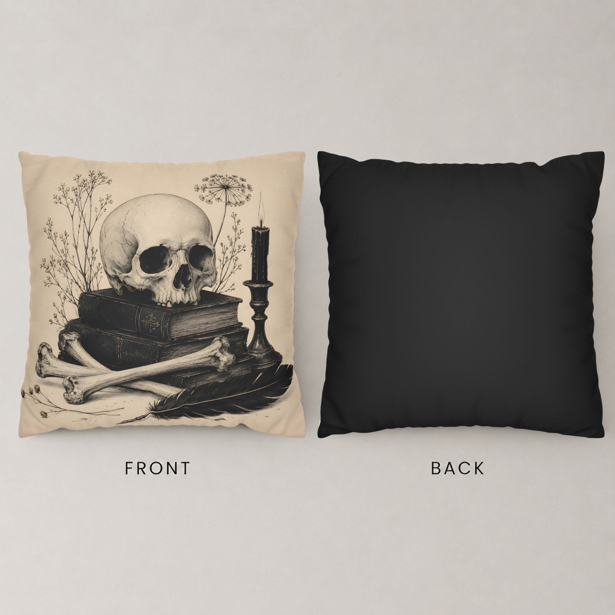 Dark academia pillow cover showing skull artwork front and solid black back