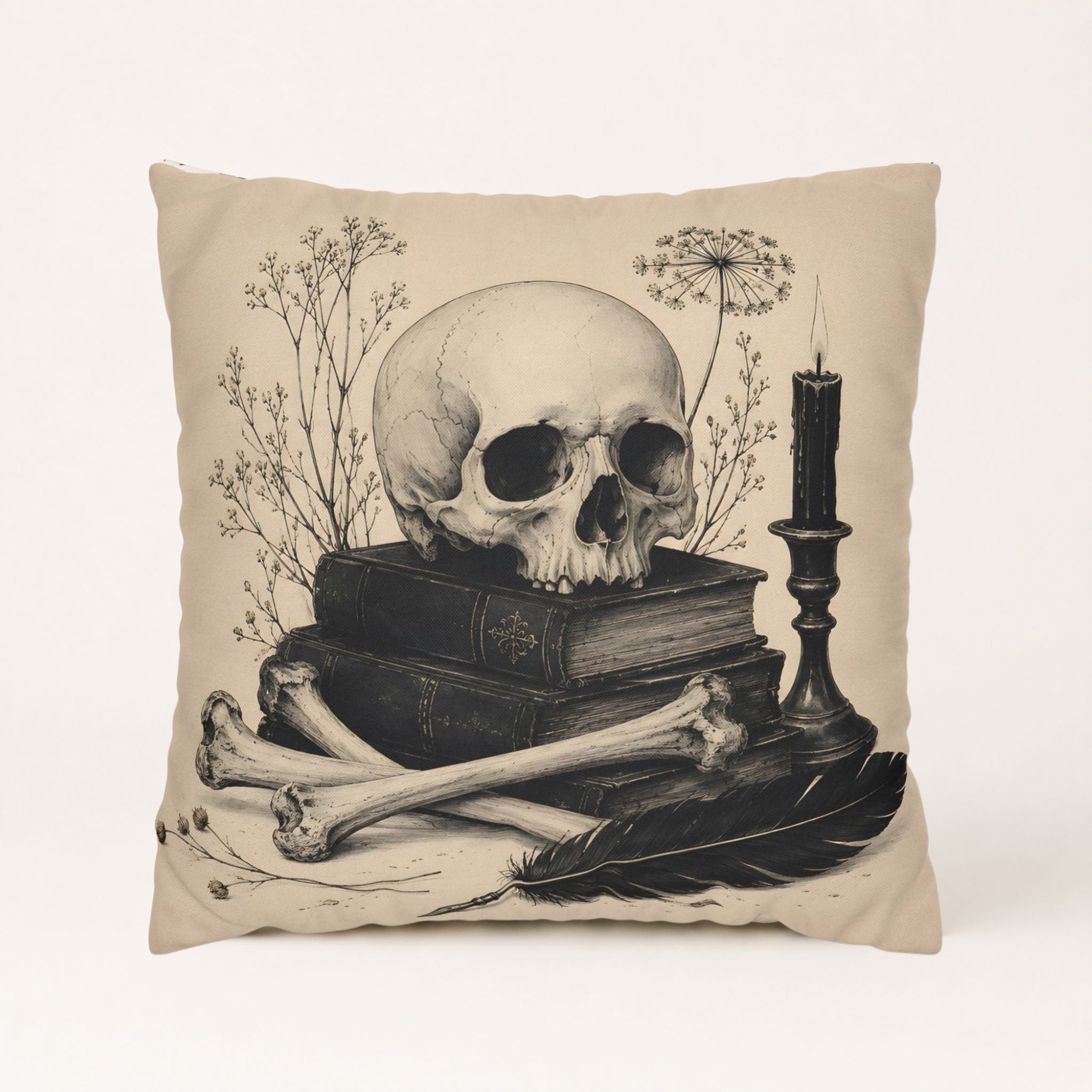 Dark academia skull pillow cover with antique books, black candle, bones, and quill