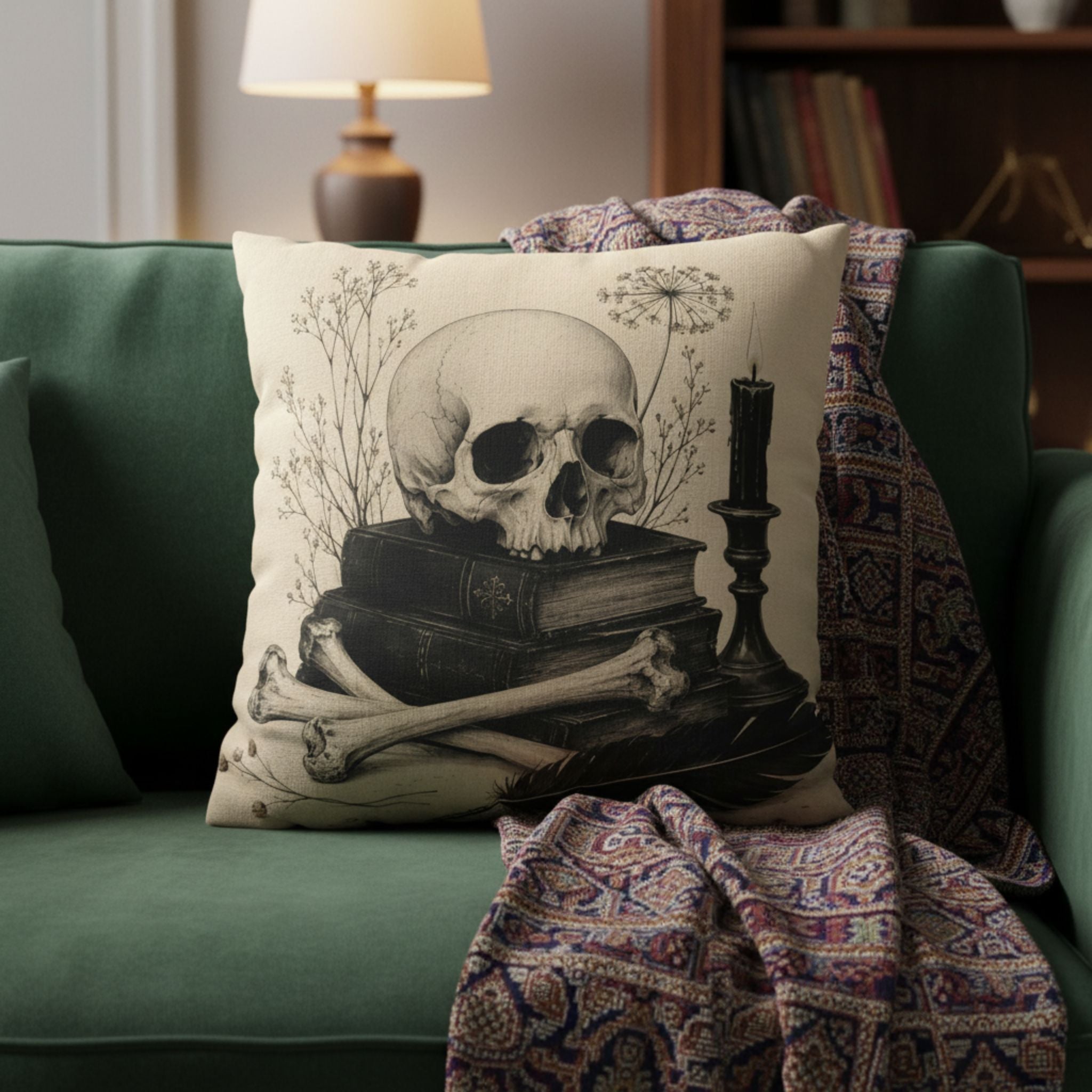 Dark academia skull pillow cover styled with green sofa, blanket, and warm lamp light.