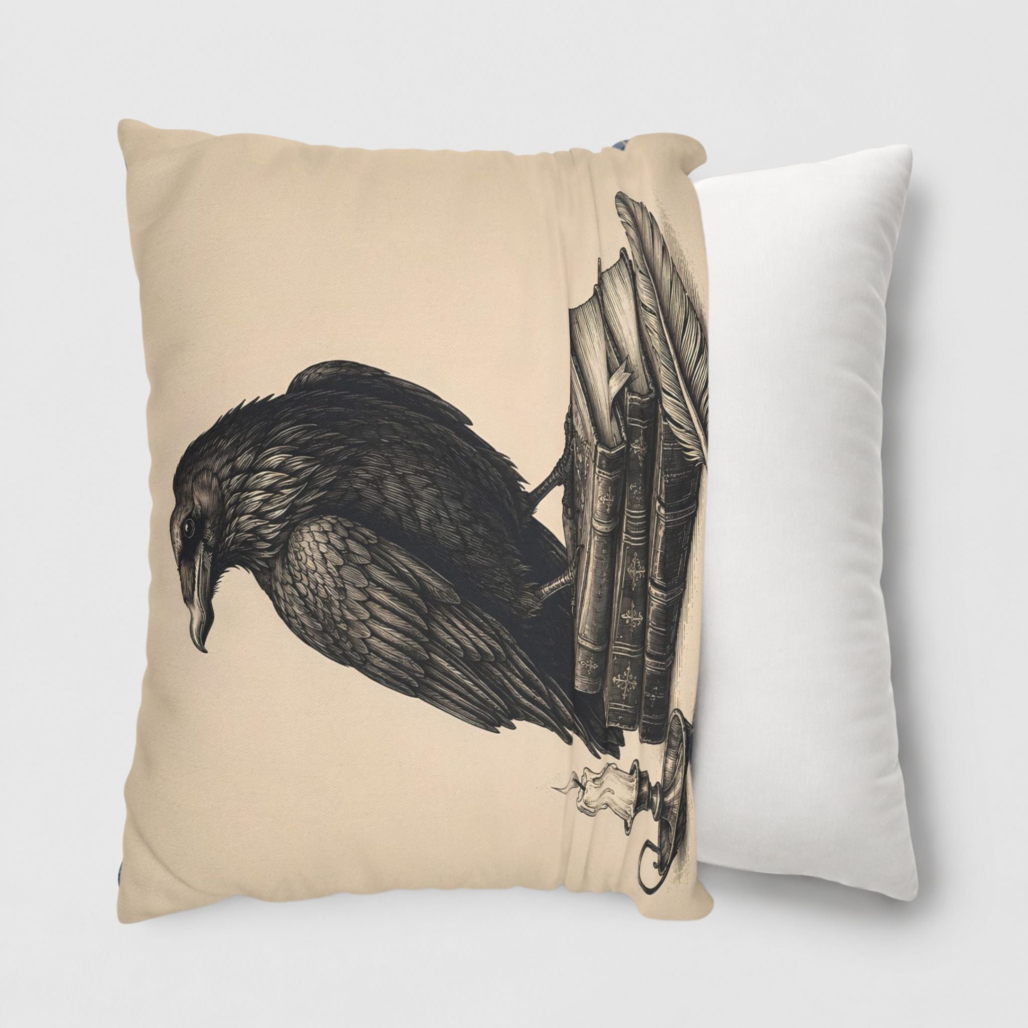 Decorative pillow with a black raven design on a beige background being slipped onto a throw pillow.
