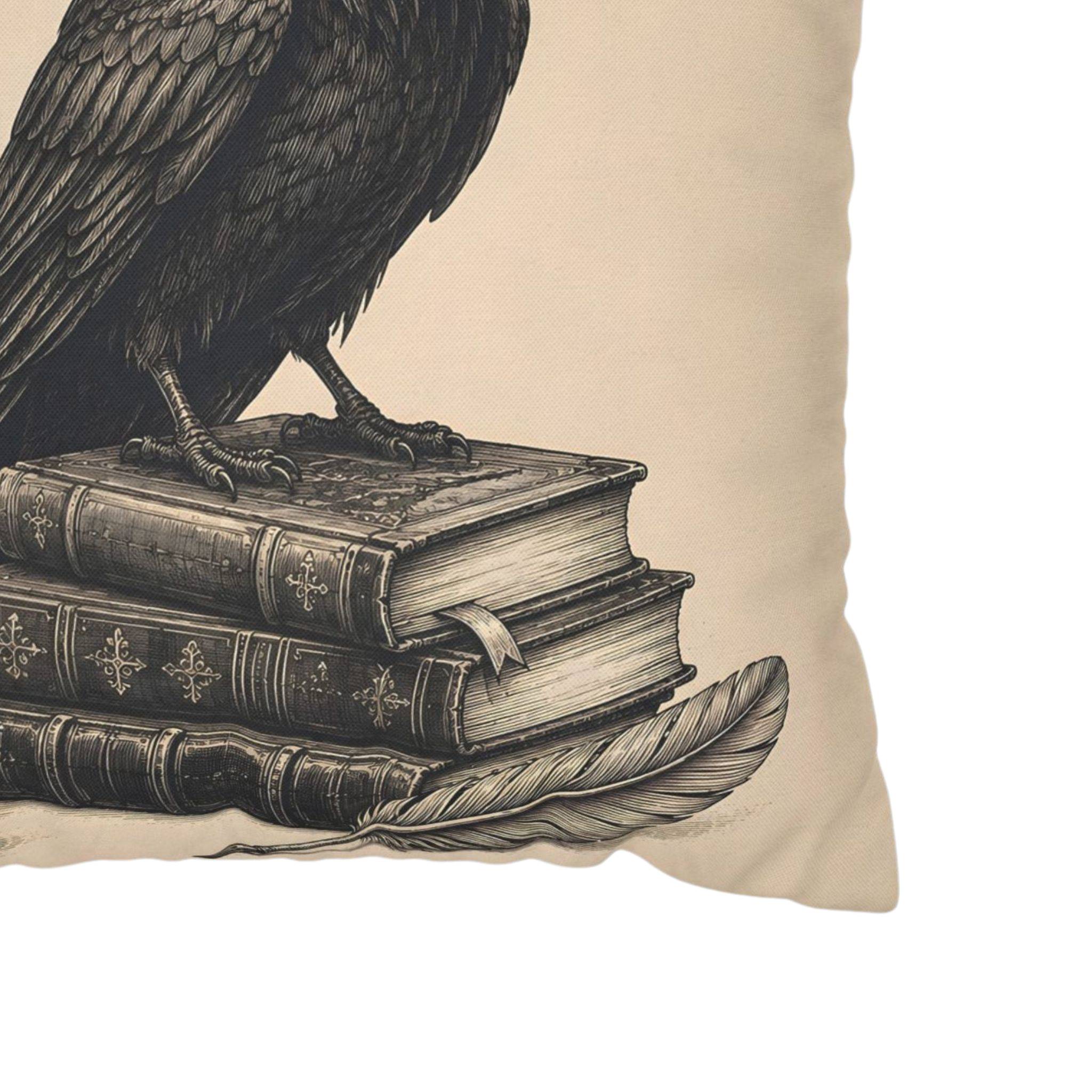 Close-up of raven pillow cover with antique books and detailed feather artwork.